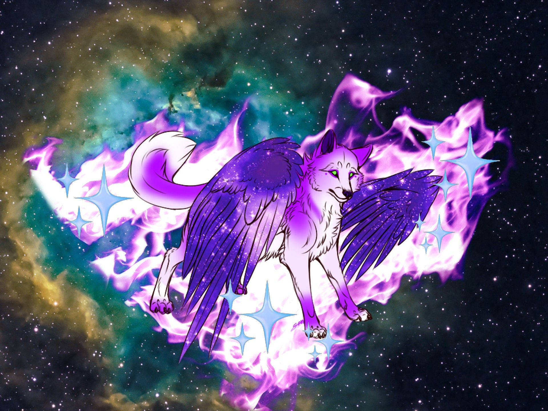 Lup violet fantastic înaripat cu galaxie Fundal