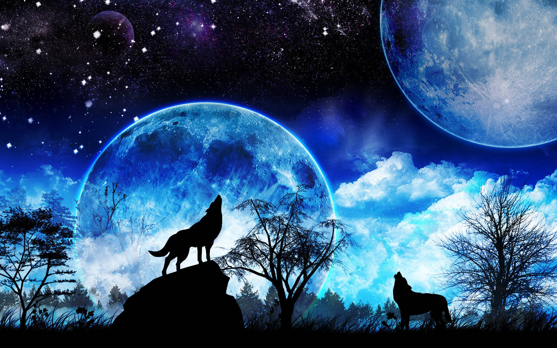 Lupi urlând și luna galactică Fundal