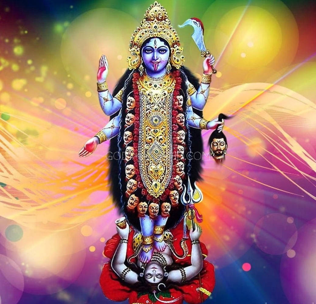 Maa Kali Dansând pe Lord Shiva - O Estetică Curcubeu Fundal