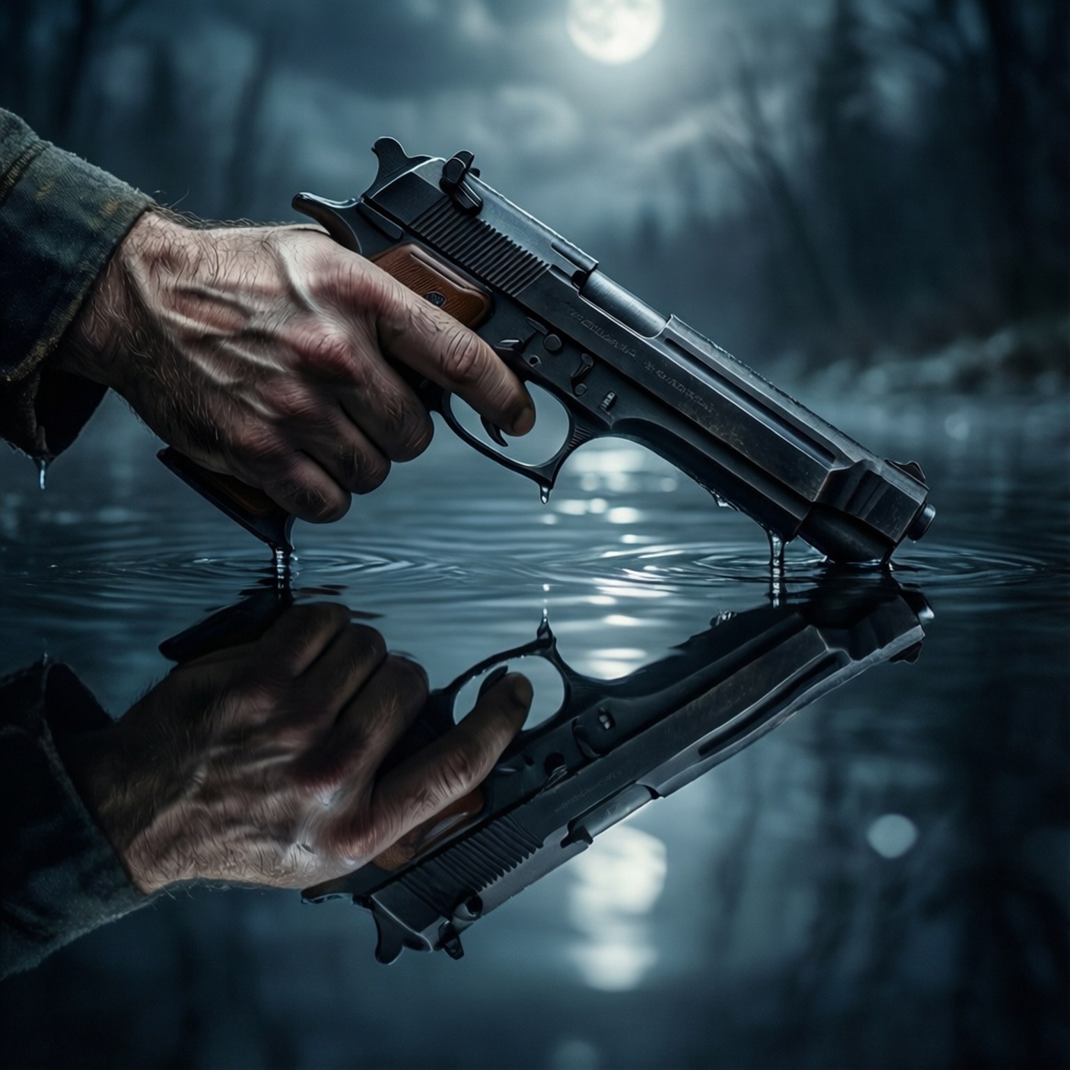 Mână cu pistol în reflexie Fundal