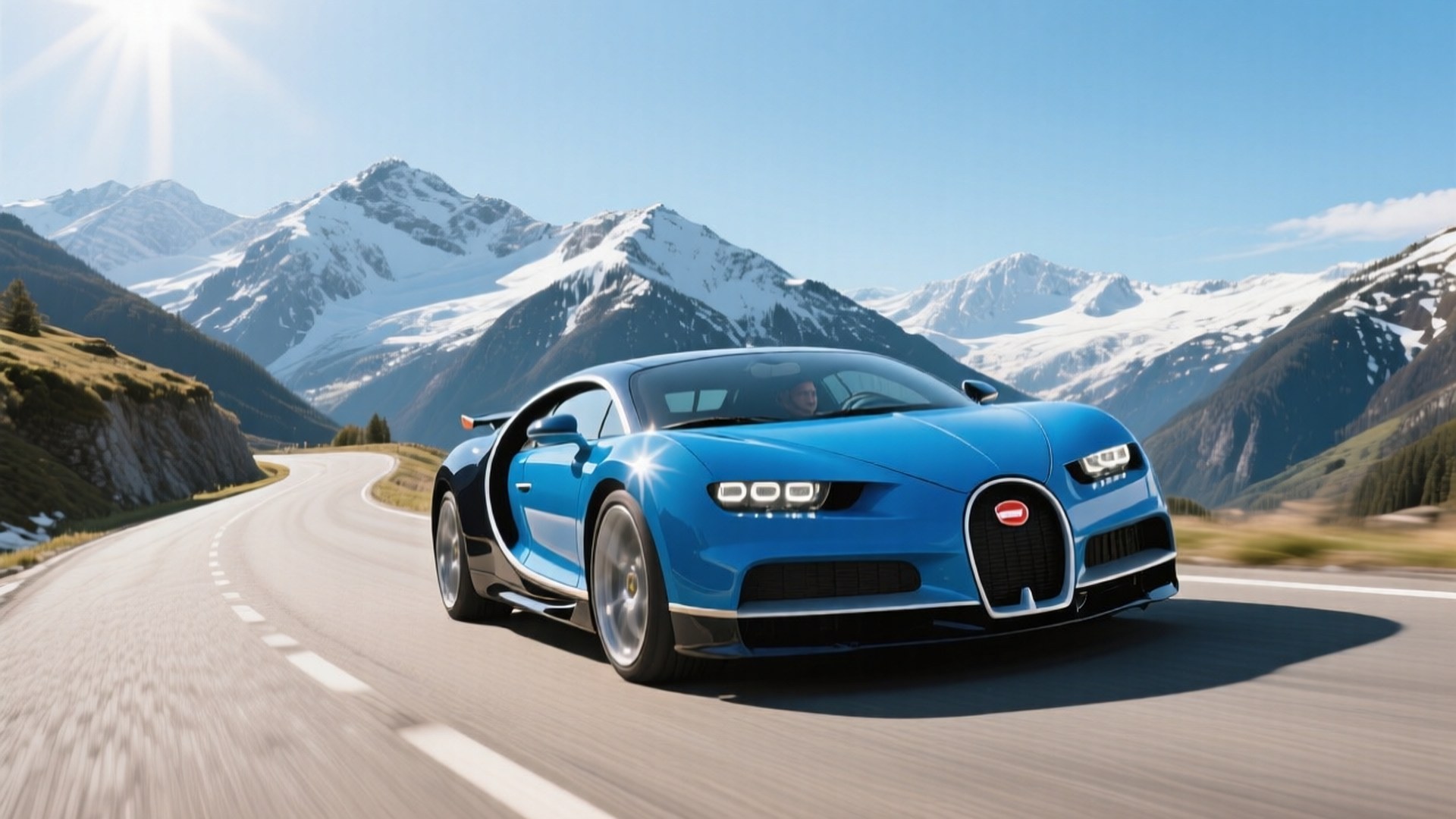 Bugatti Chiron albastru pe un drum de munte șerpuitor imagine de fundal