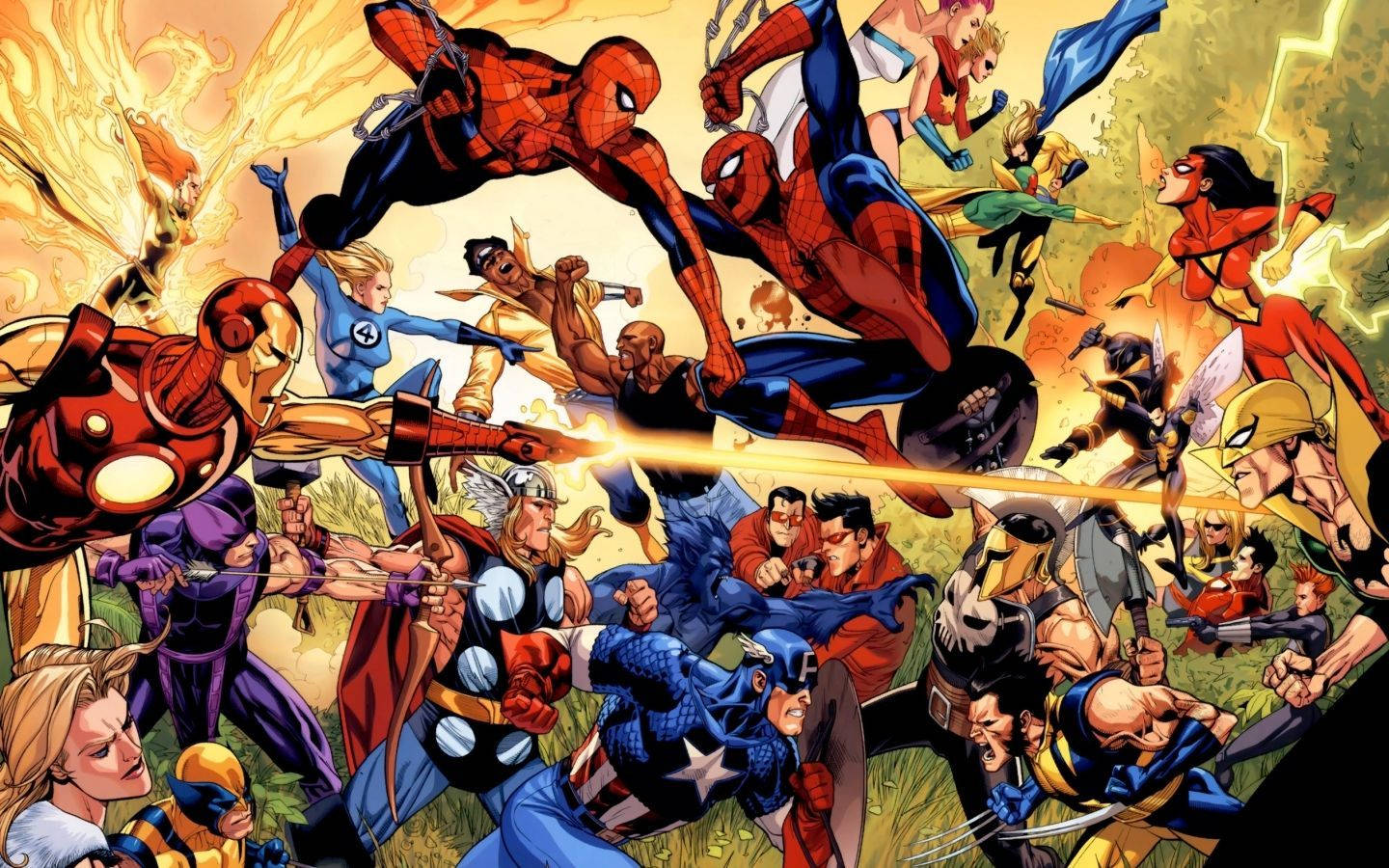 Supereroi Marvel într-un fundal de benzi desenate cu un răufăcător. — Marvel Fundal