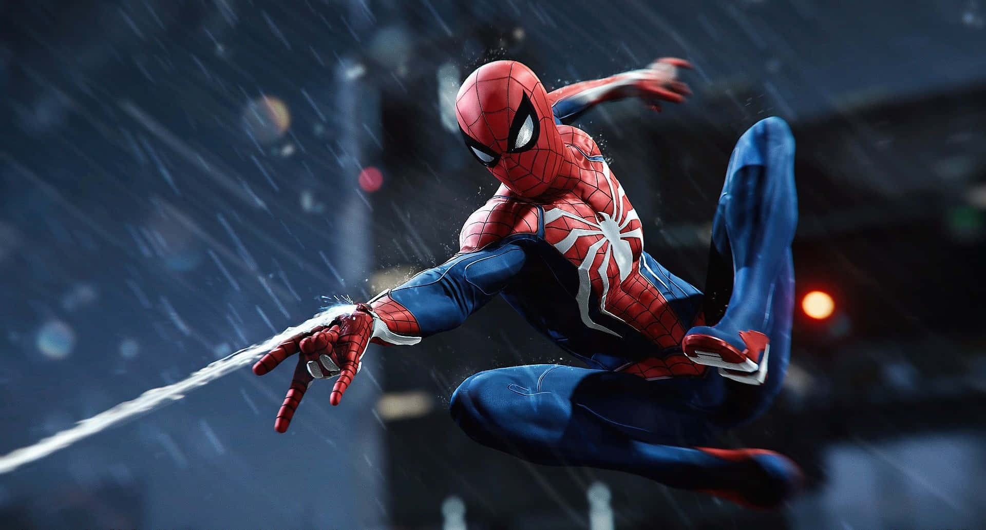 Marvel Ps4 Spiderman tragând cu pânze în ploaie Fundal