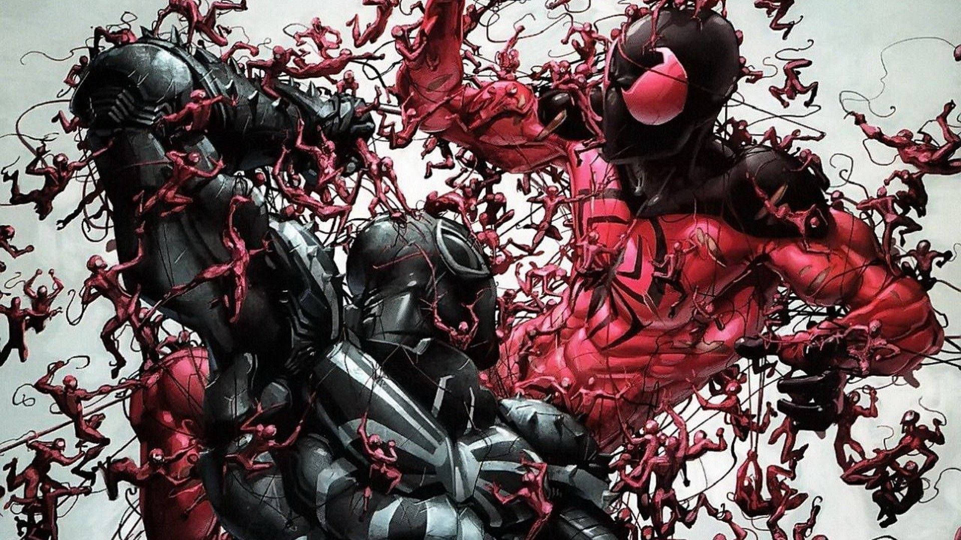 Supereroul Marvel Spiderman roșu și negru cu oameni mici. — Spiderman Fundal
