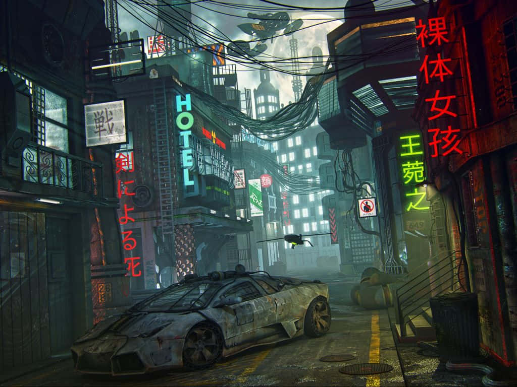 Mașină abandonată în orașul Tokyo Anime Fundal