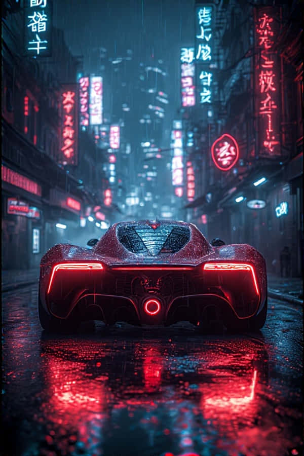 Mașină super-cyberpunk într-o alee ploioasă neonată, futuristă 4K Fundal