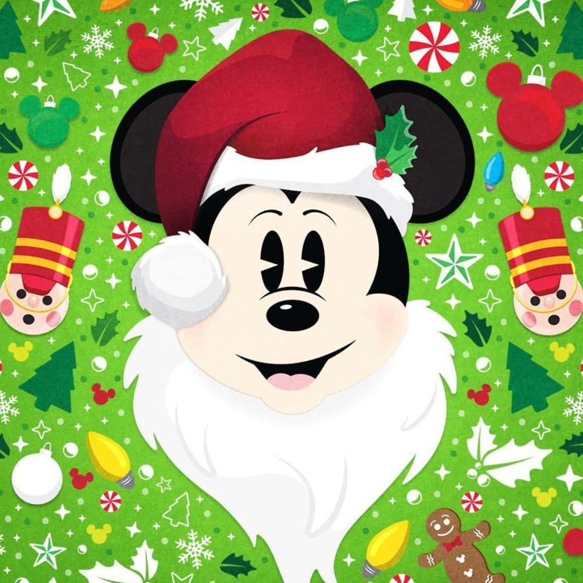Mickey Mouse într-o căciulă de Moș Crăciun și decorațiuni de Crăciun Fundal