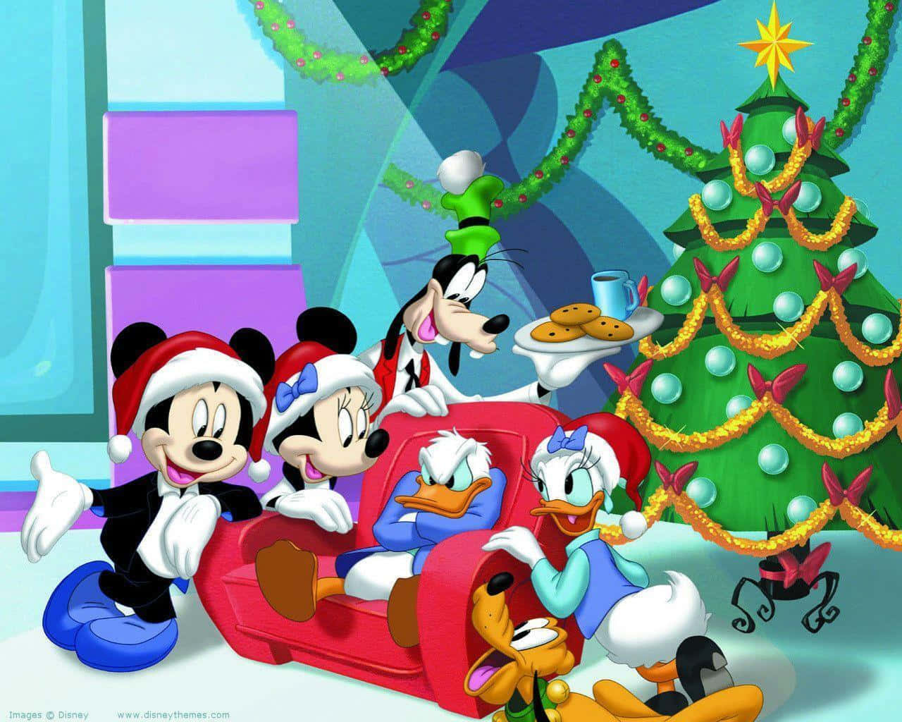 Mickey Mouse și prietenii în jurul unui brad de Crăciun Fundal