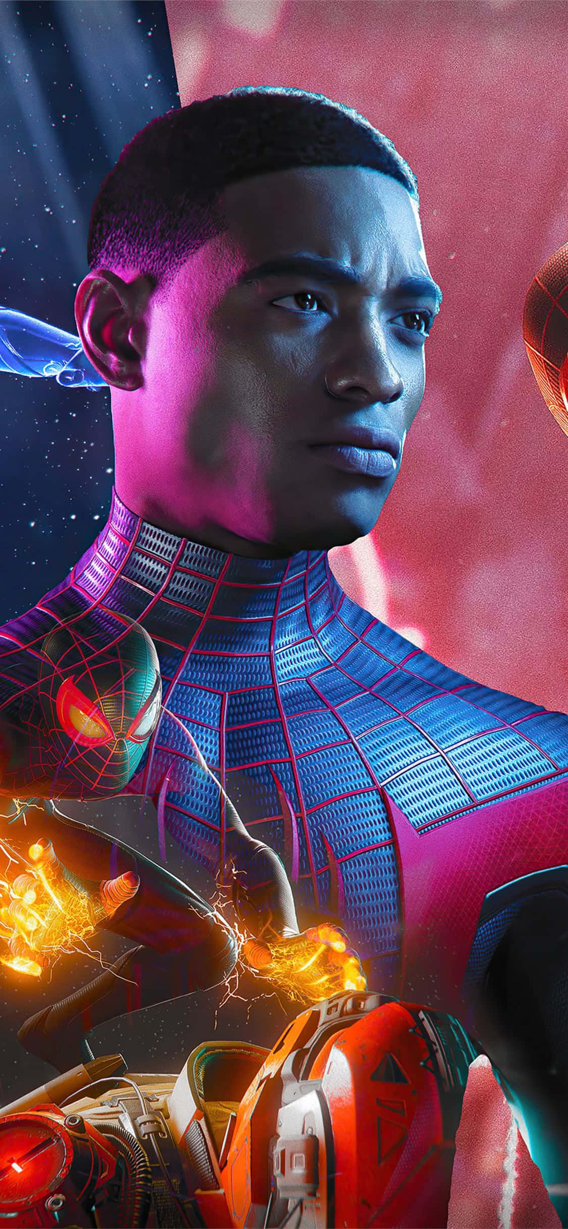 Miles Morales din aclamatul film Marvel Spider-Man: Into the Spider-Verse, înconjurat de scânteii de electricitate, cu un fundal urban Fundal