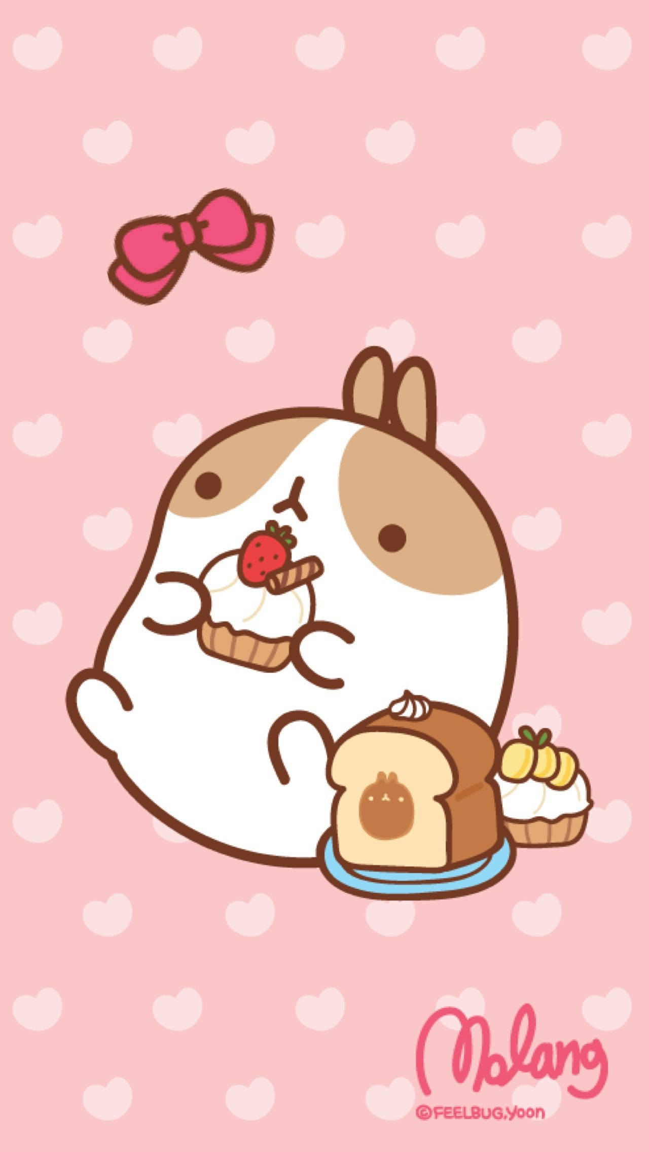 Molang mănâncă pe fundal roz cu buline kawaii Fundal