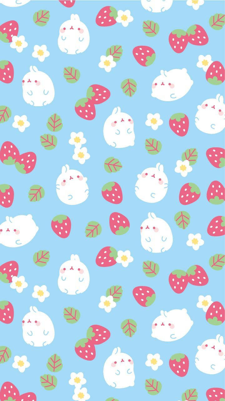 Molang savurând o căpșună uriașă în stil Kawaii Fundal