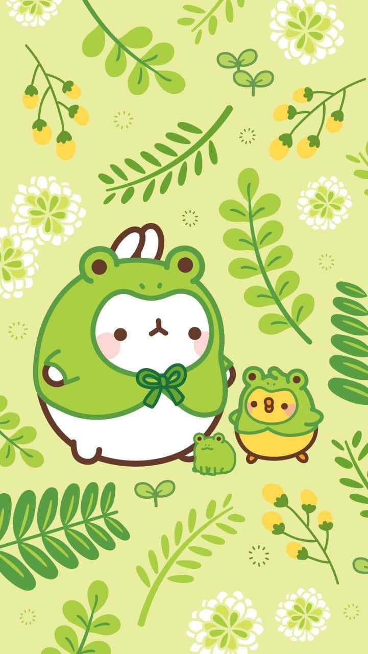 Molang și Piu Piu drăguți și verzi în stil Kawaii Fundal