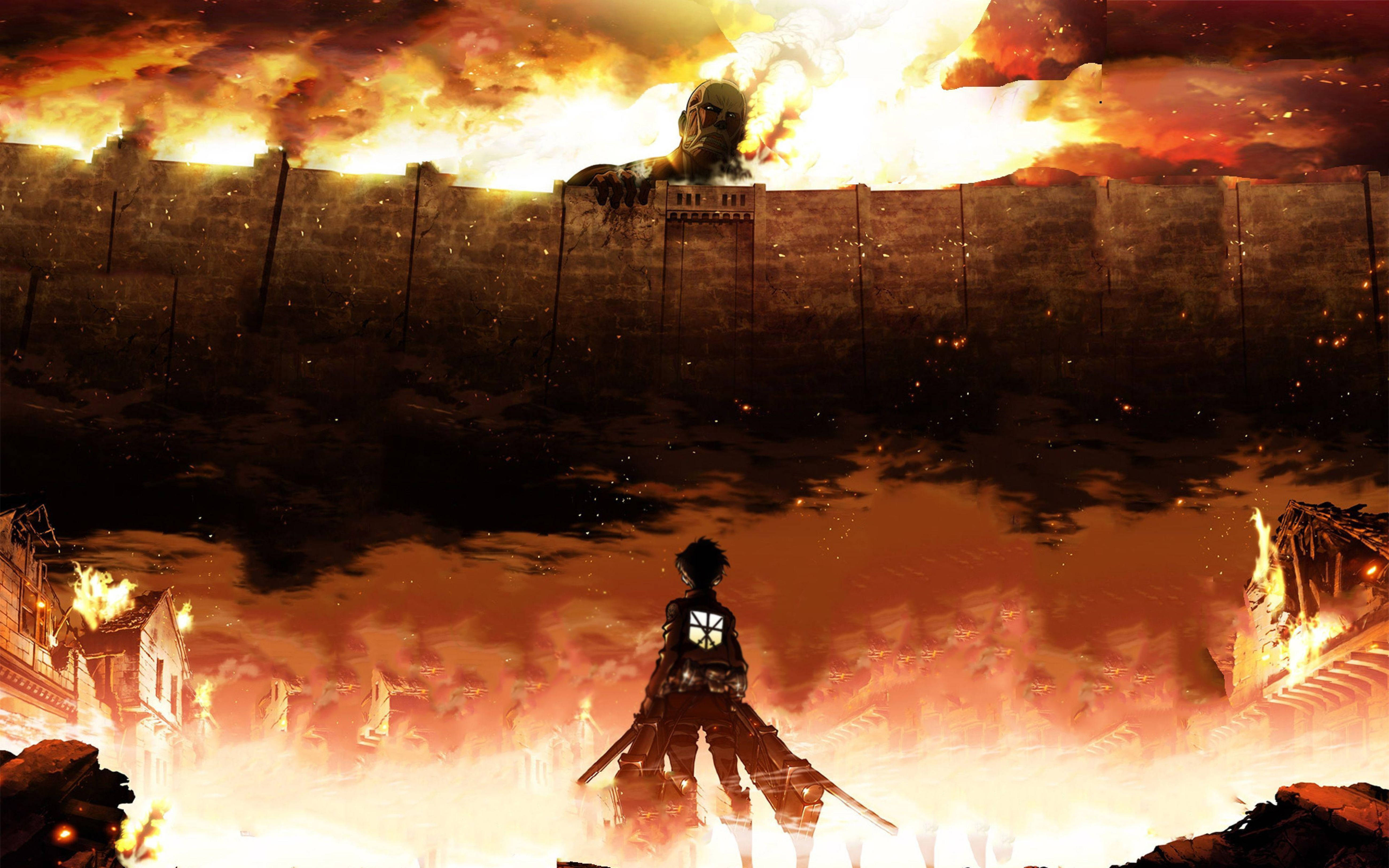 Moment intens din Attack on Titan 4K, cu Eren în forma sa de Titan cu aburi Fundal