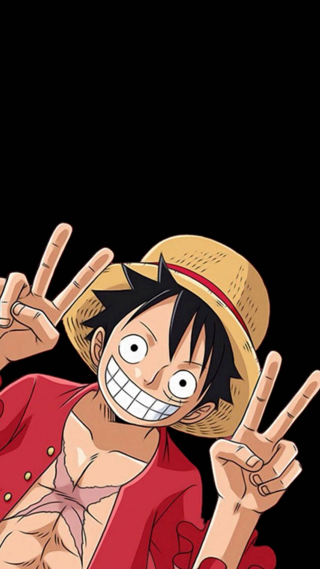 Monkey D. Luffy zâmbind și făcând semnul păcii Fundal