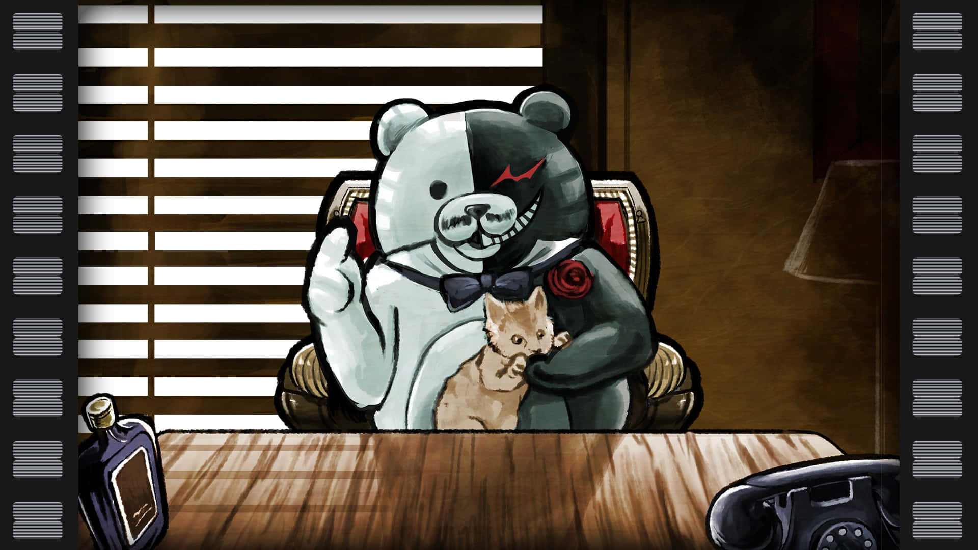 Monokuma cu o pisică de companie Fundal