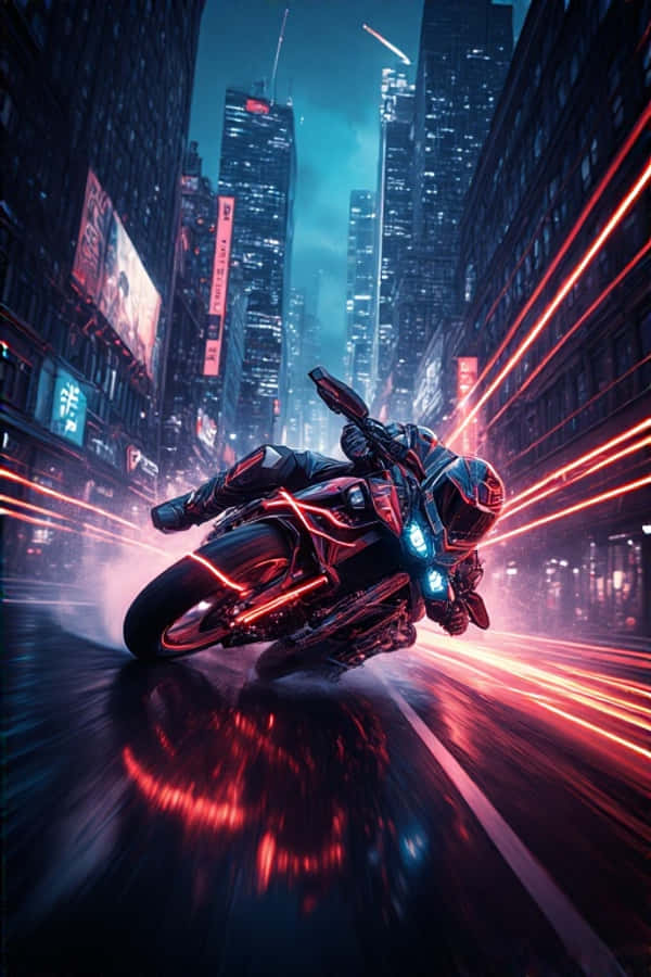 Motocicletă Neon în Urmărire Prin Oraș Întunecat Dinamic 4K Fundal