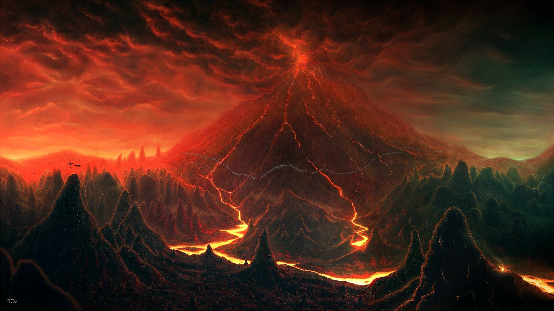 Munte roșu în erupție Fundal