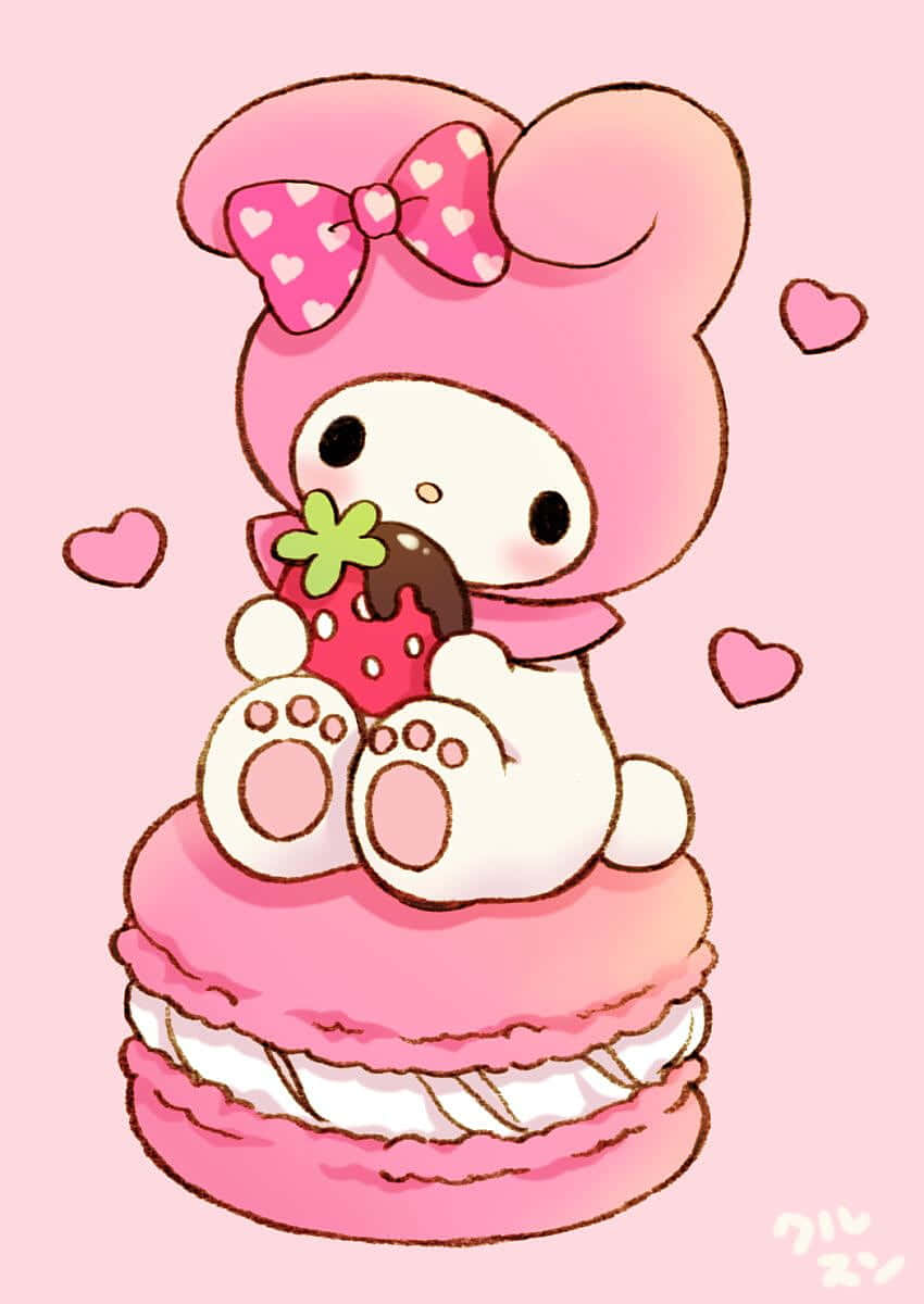 My Melody drăguță mâncând căpșuni pe macaron Fundal