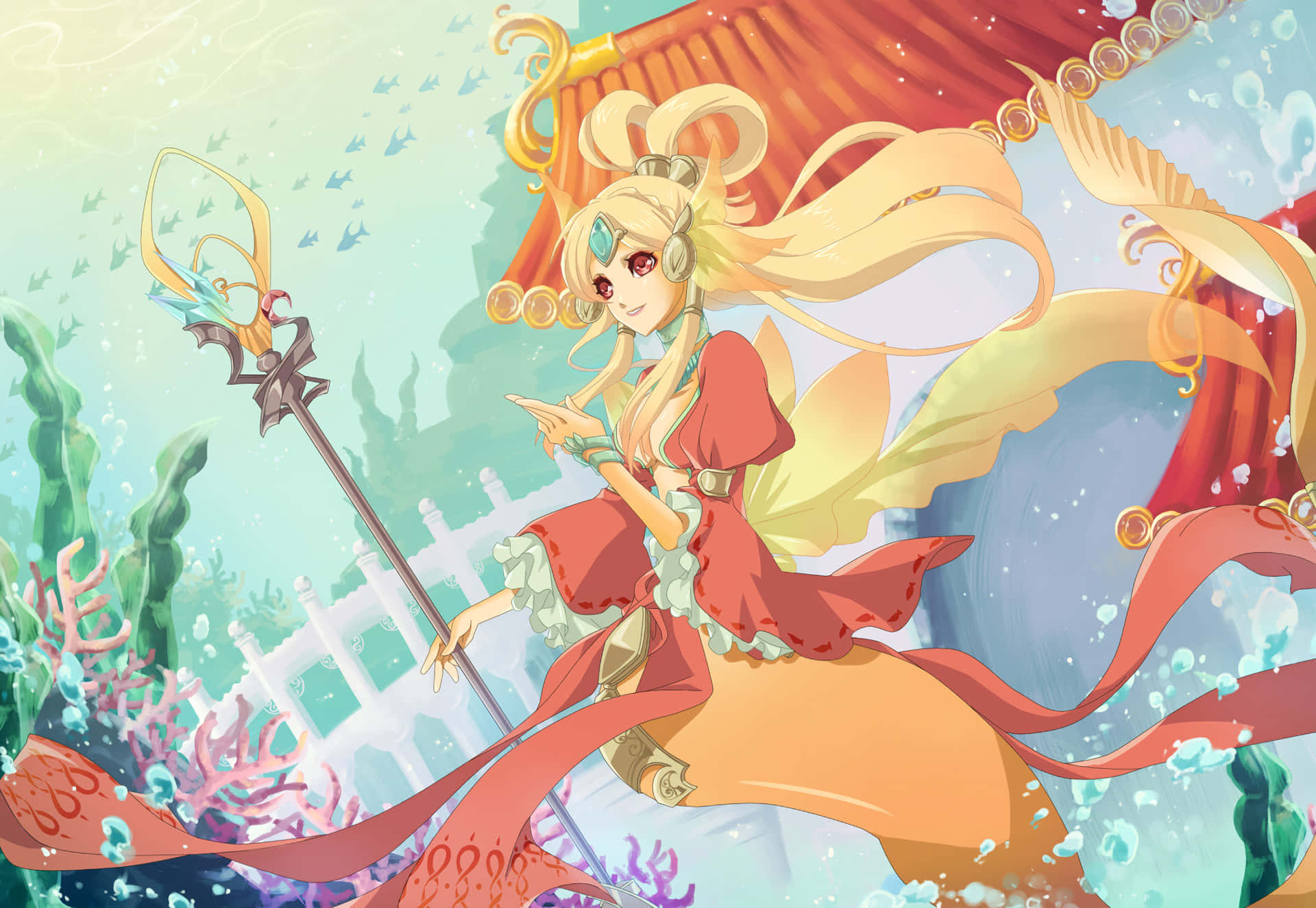 Nami din One Piece în ținuta sa iconică galbenă, cu o privire determinată Fundal