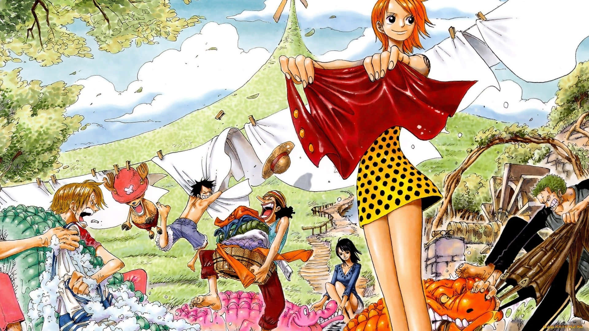 Nami One Piece întindând rufele spălate Fundal