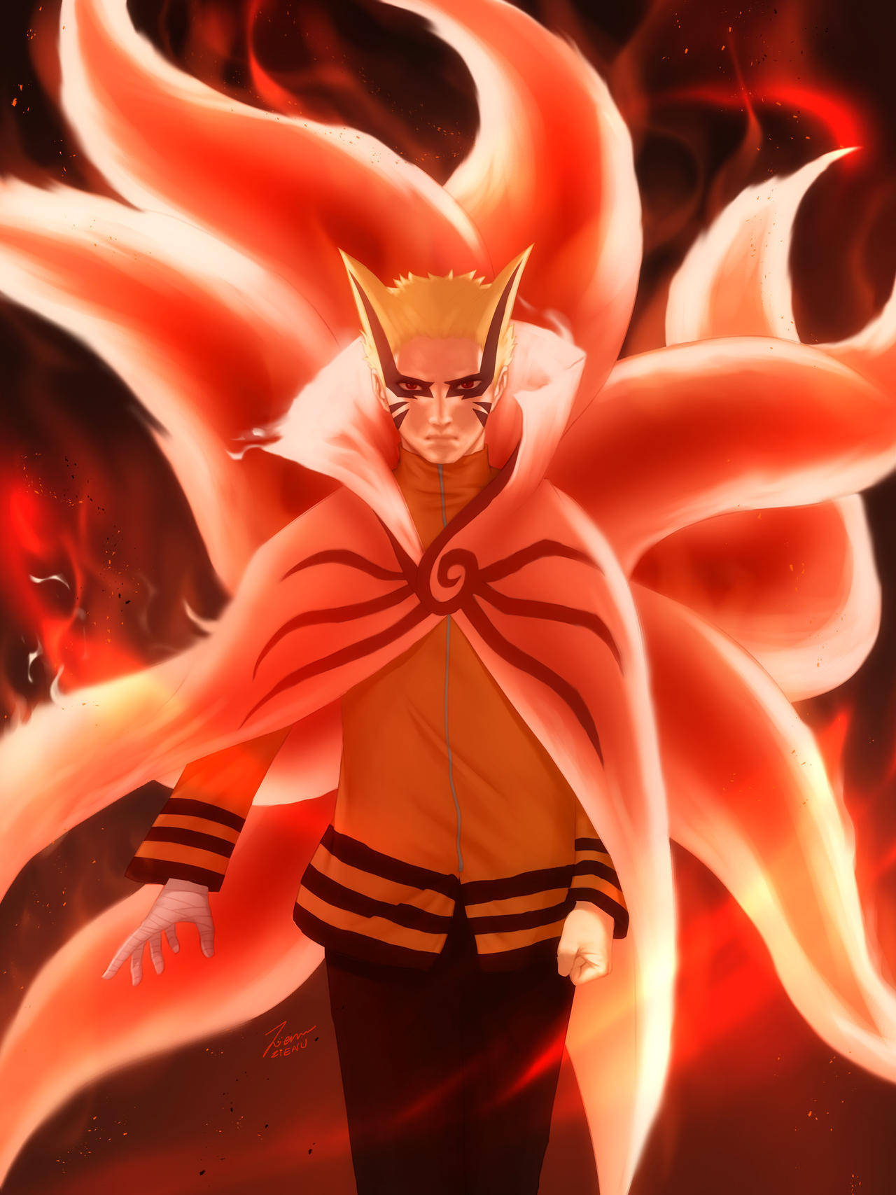 Naruto Baryon Mode cu cozi în flăcări Fundal