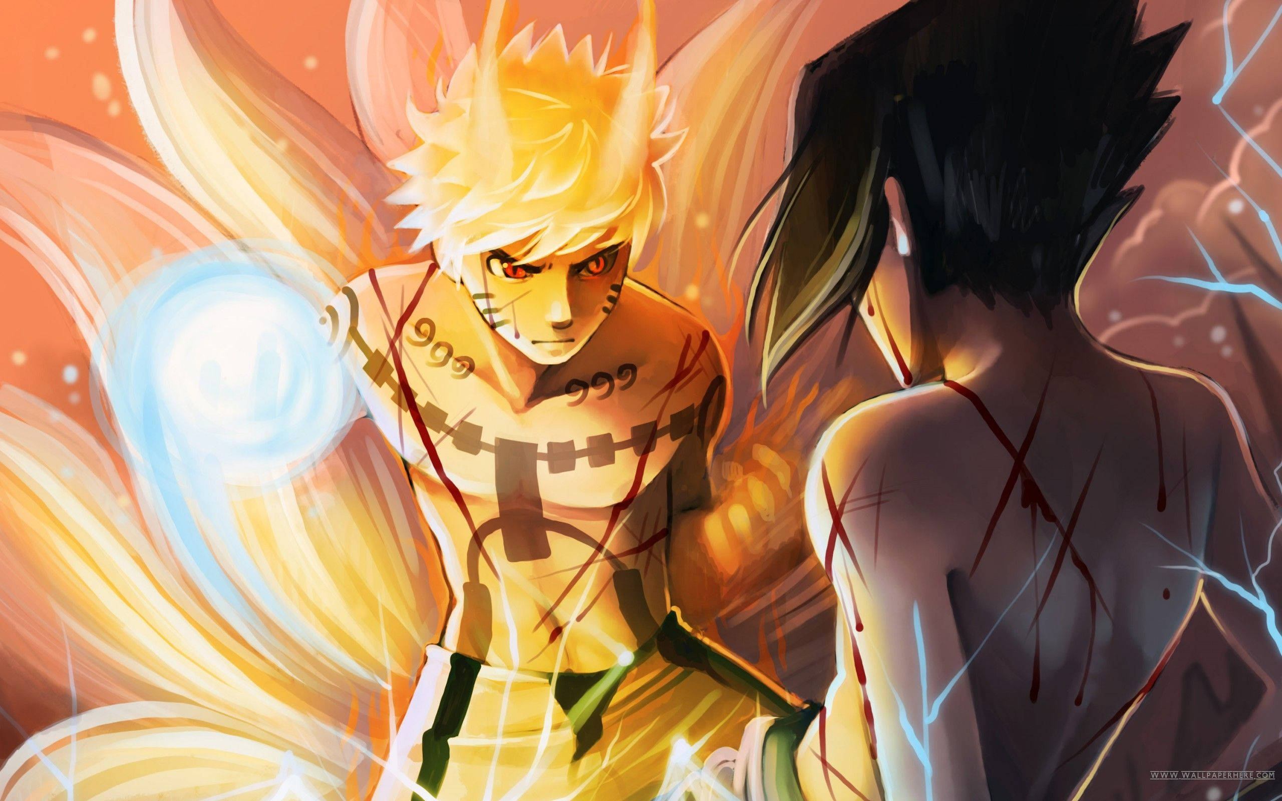Naruto cu nouă cozi și Sasuke în luptă Fundal