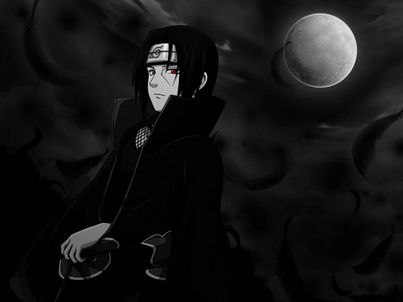 Naruto negru Uchiha Itachi cu ochi Sharingan strălucitori Fundal