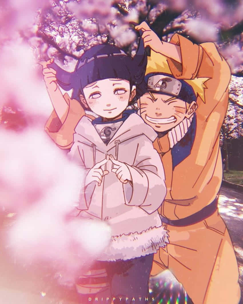 Naruto și Hinata drăguți în Parcul cu Cireși înfloriți Fundal