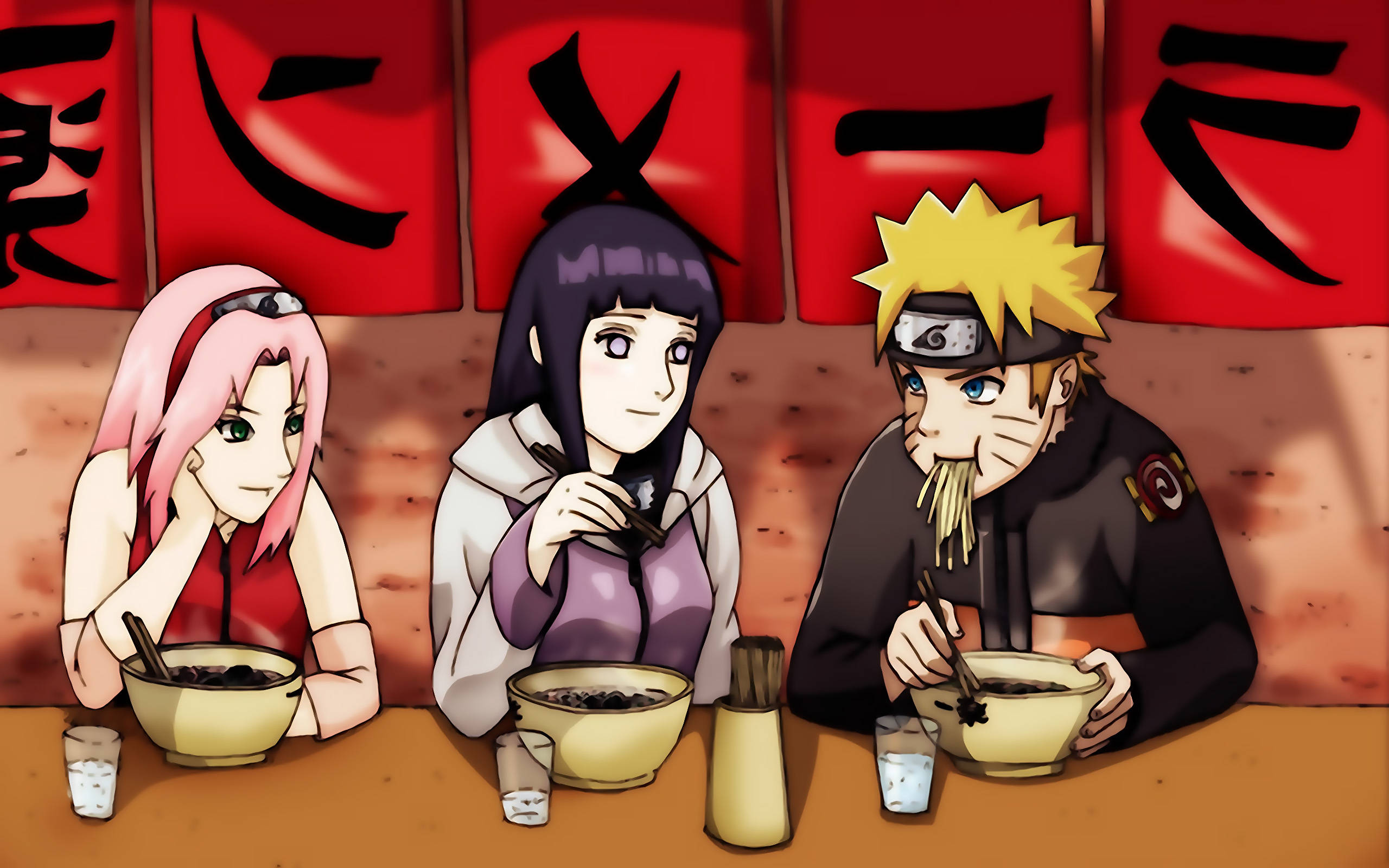 Naruto și Hinata cu Sakura mâncând ramen Fundal