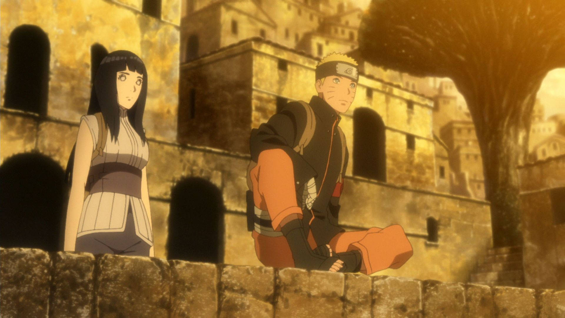 Naruto și Hinata pe o structură de piatră Fundal