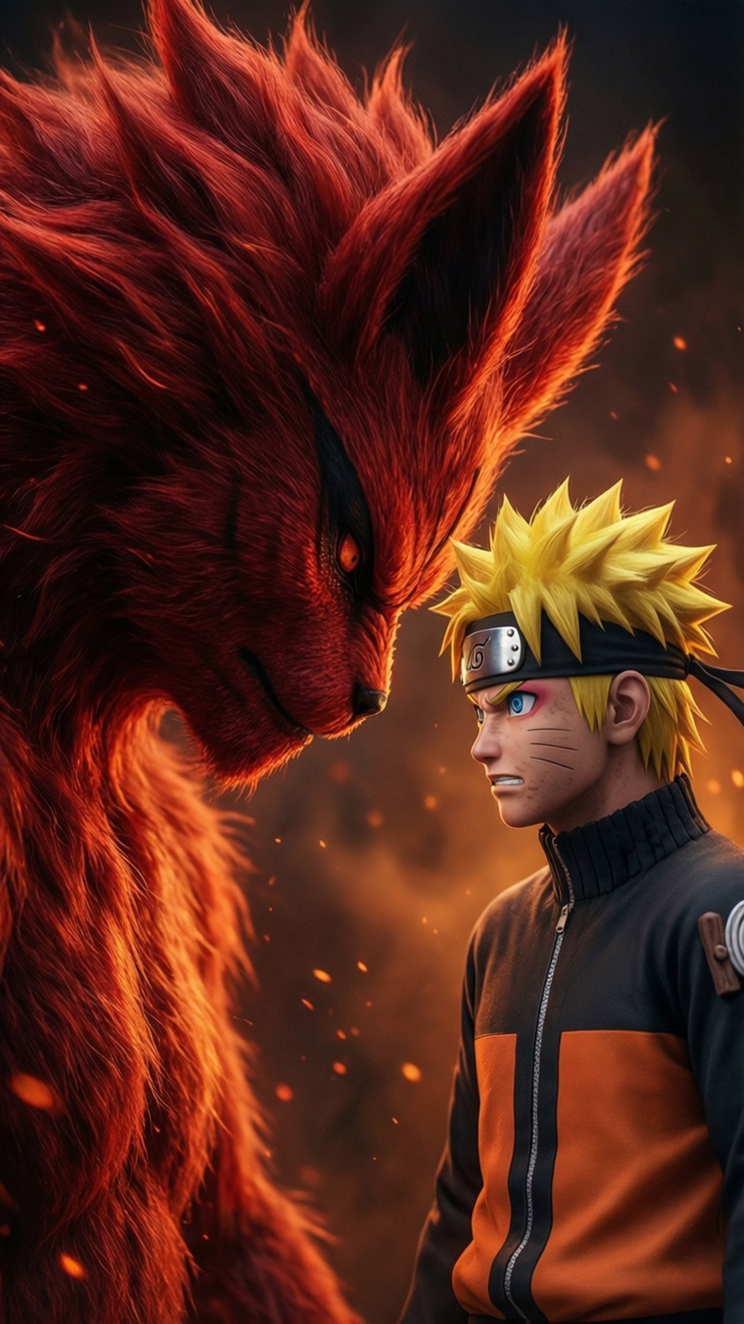 Naruto stând în fața Vulpii cu Nouă Cozi.