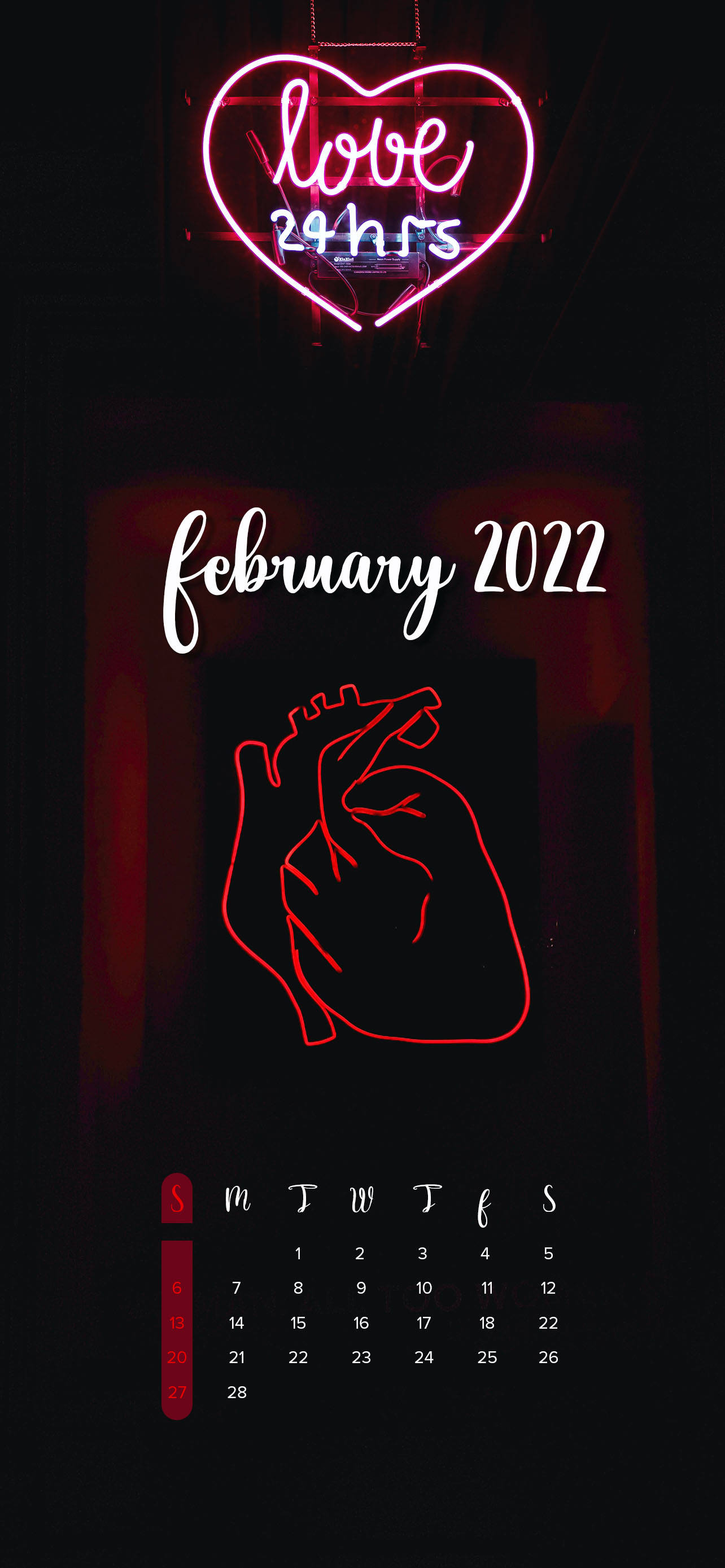 Neon Heart February 2022 Calendar Fundal