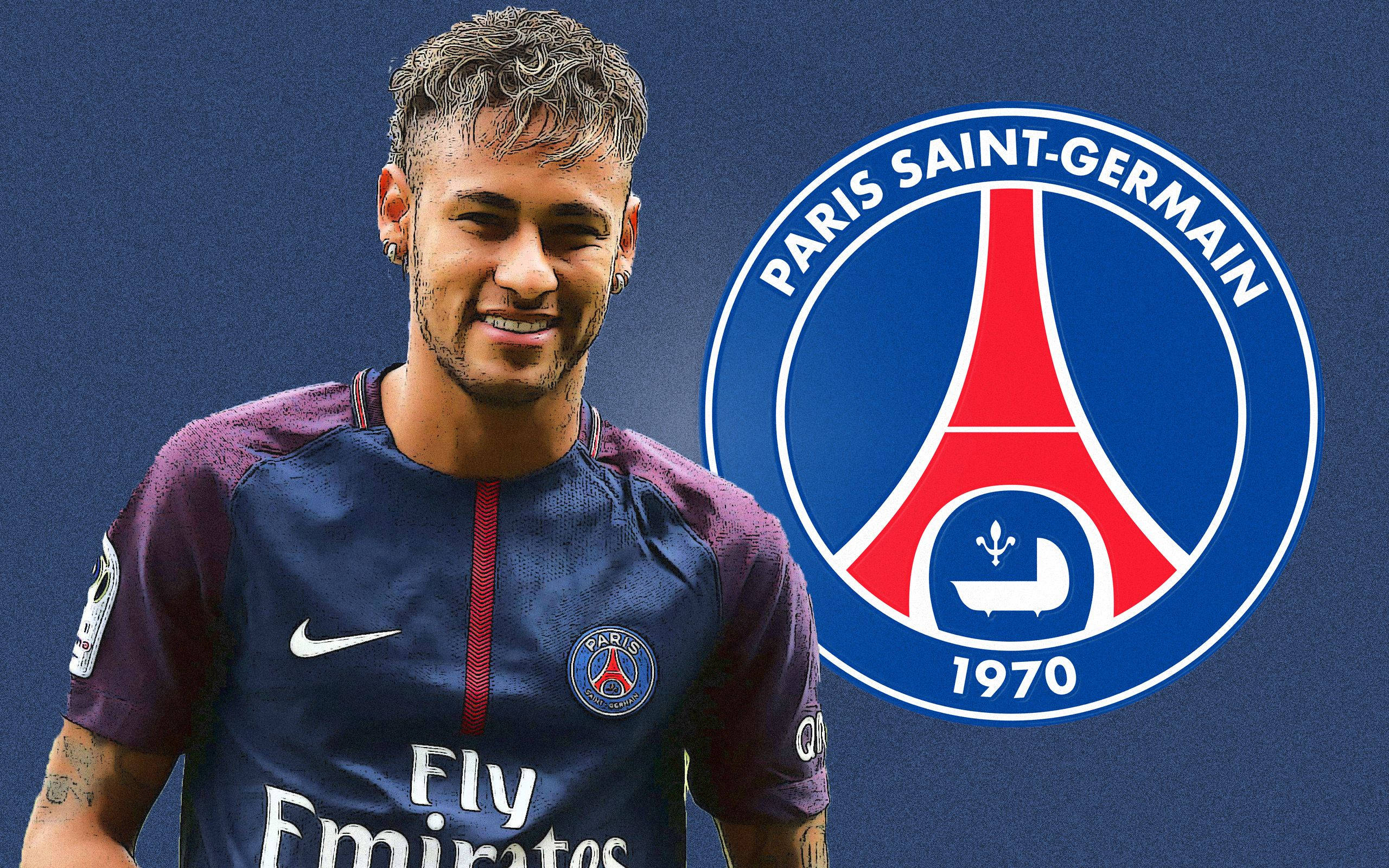 Neymar sărbătorește cu sigla Paris Saint-Germain. Fundal
