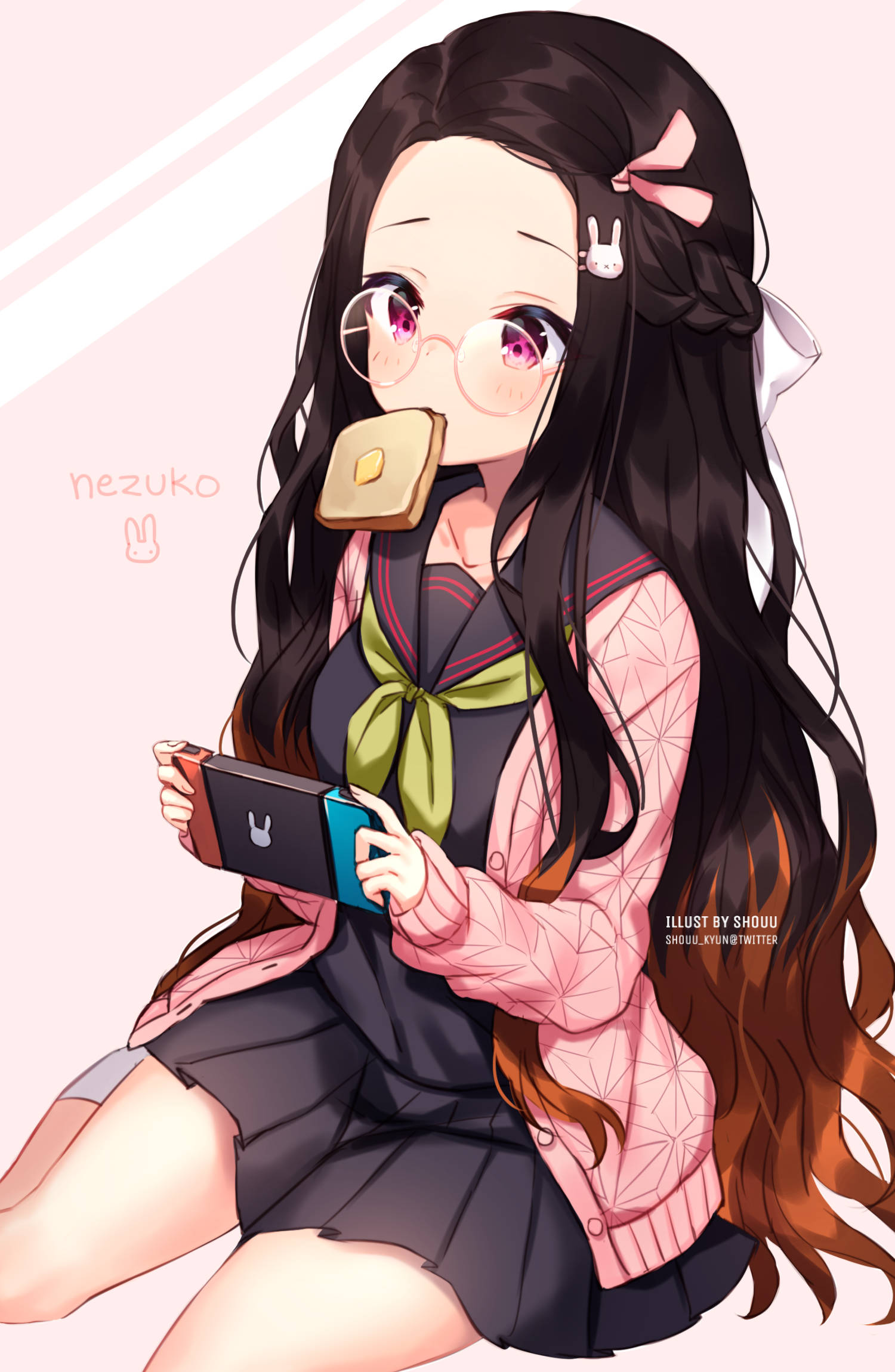 Nezuko din Demon Slayer jucându-se cu Gameboy Fundal