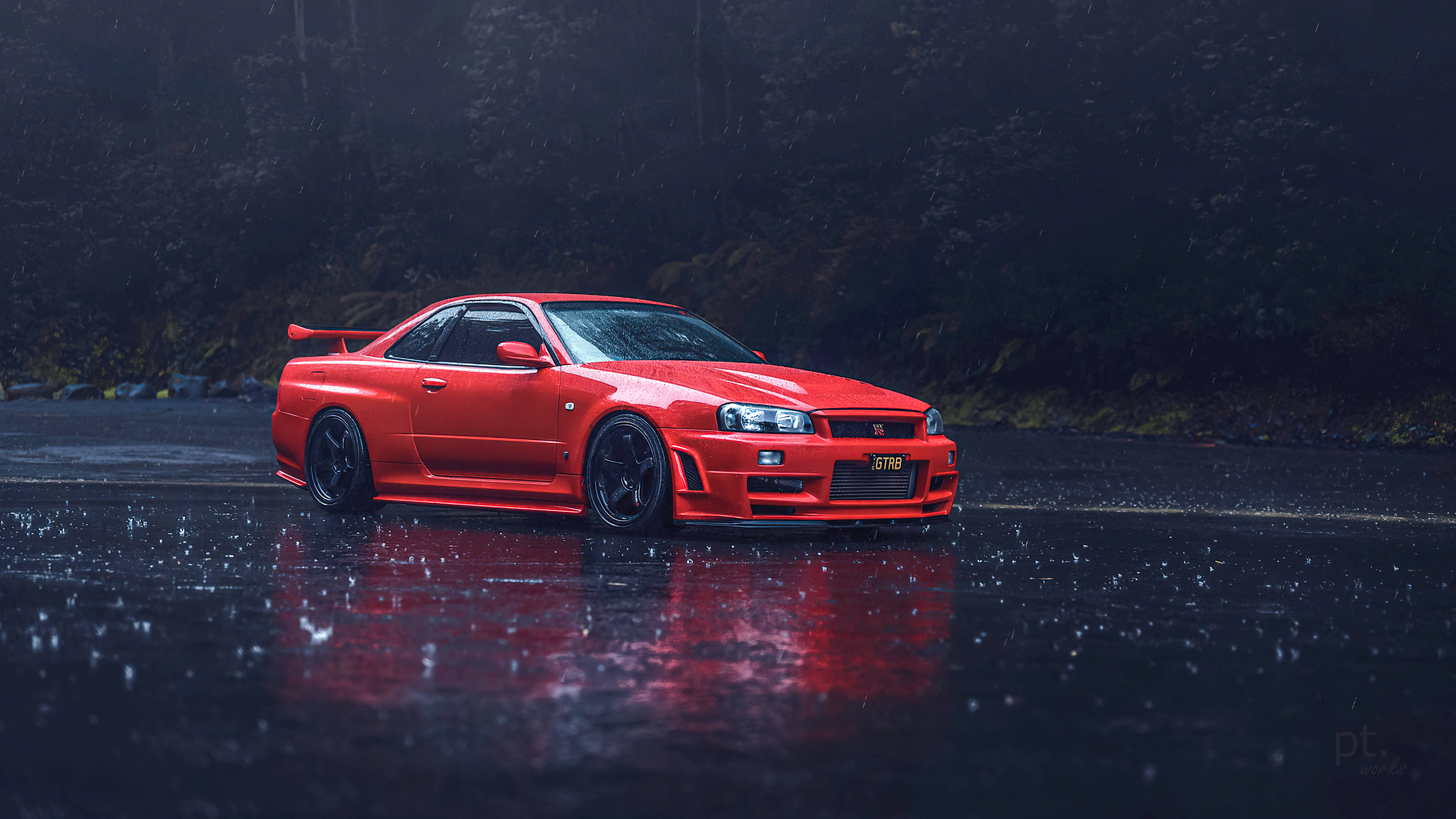 Nissan Skyline GTR R34 în decor ploios Fundal