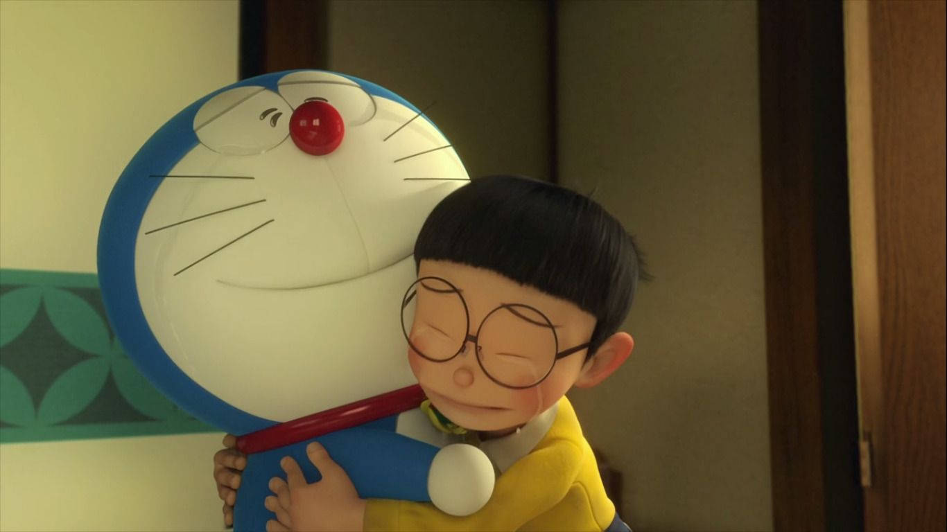 Nobita trist care îl îmbrățișează pe Doraemon Fundal