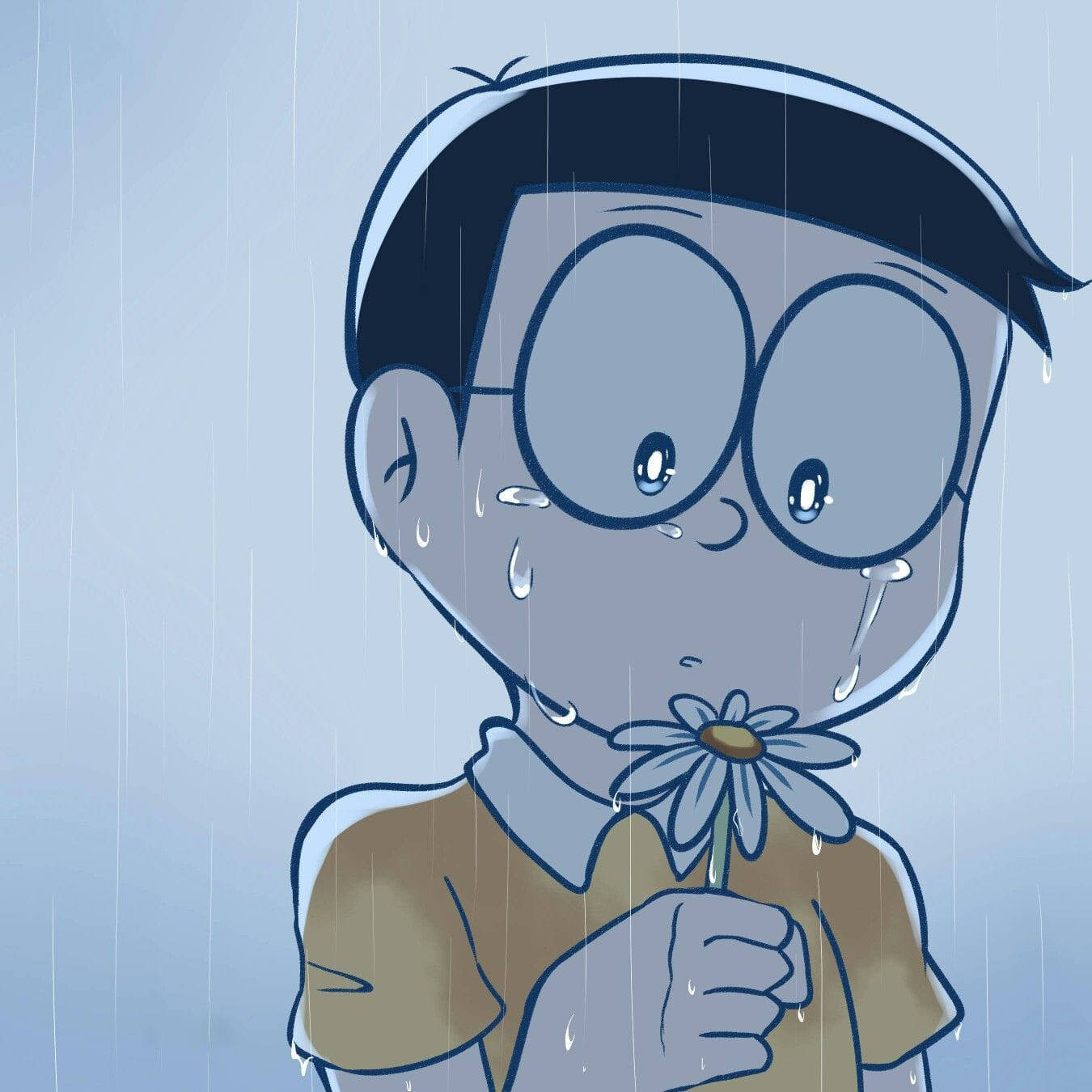 Nobita trist ținând o floare Doraemon Fundal