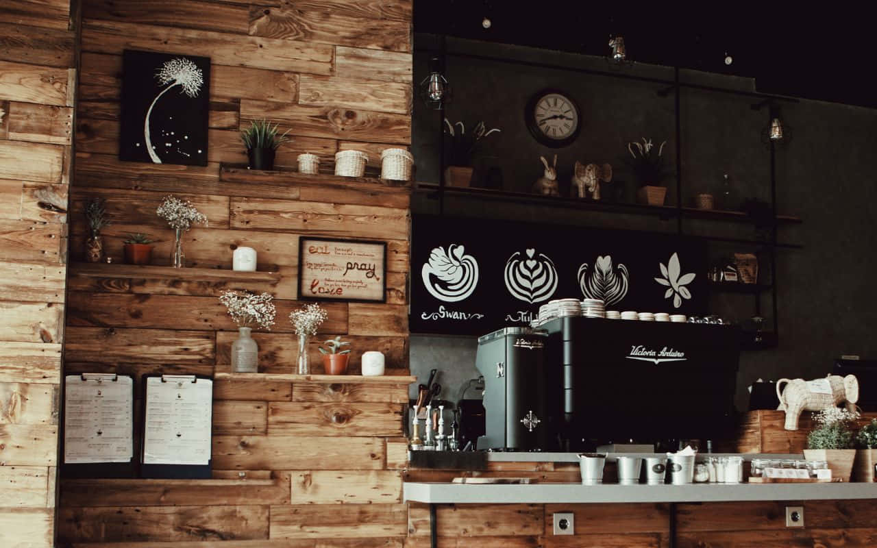 o cafenea cu pereți de lemn și un tejghea de lemn Fundal