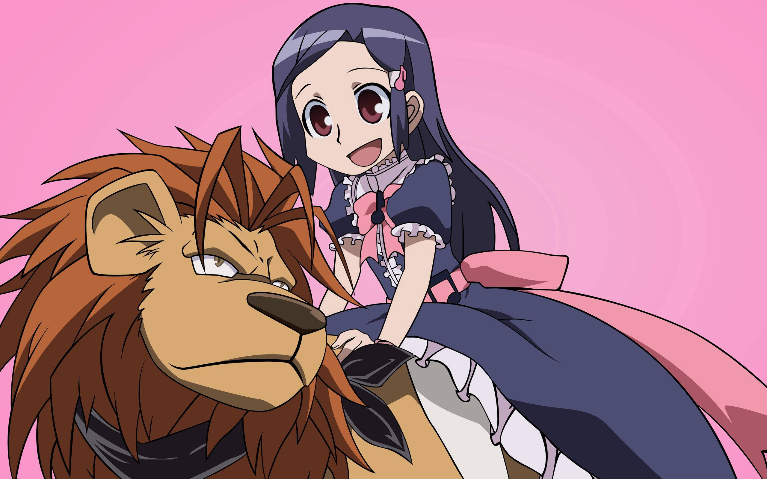 O fată anime călărind un leu la apus Fundal