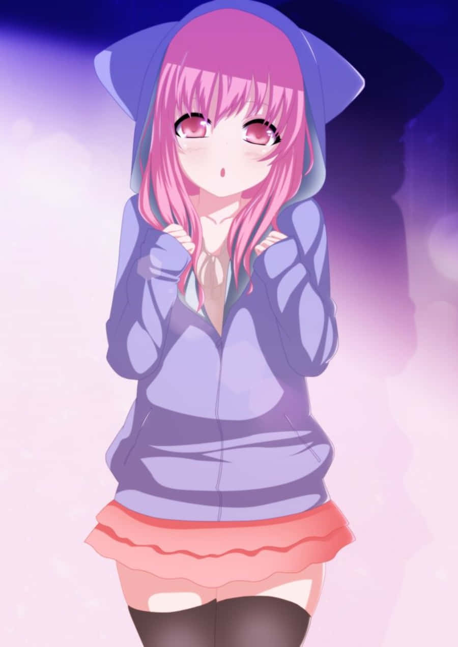 O fată anime drăguță purtând o hoodie Fundal