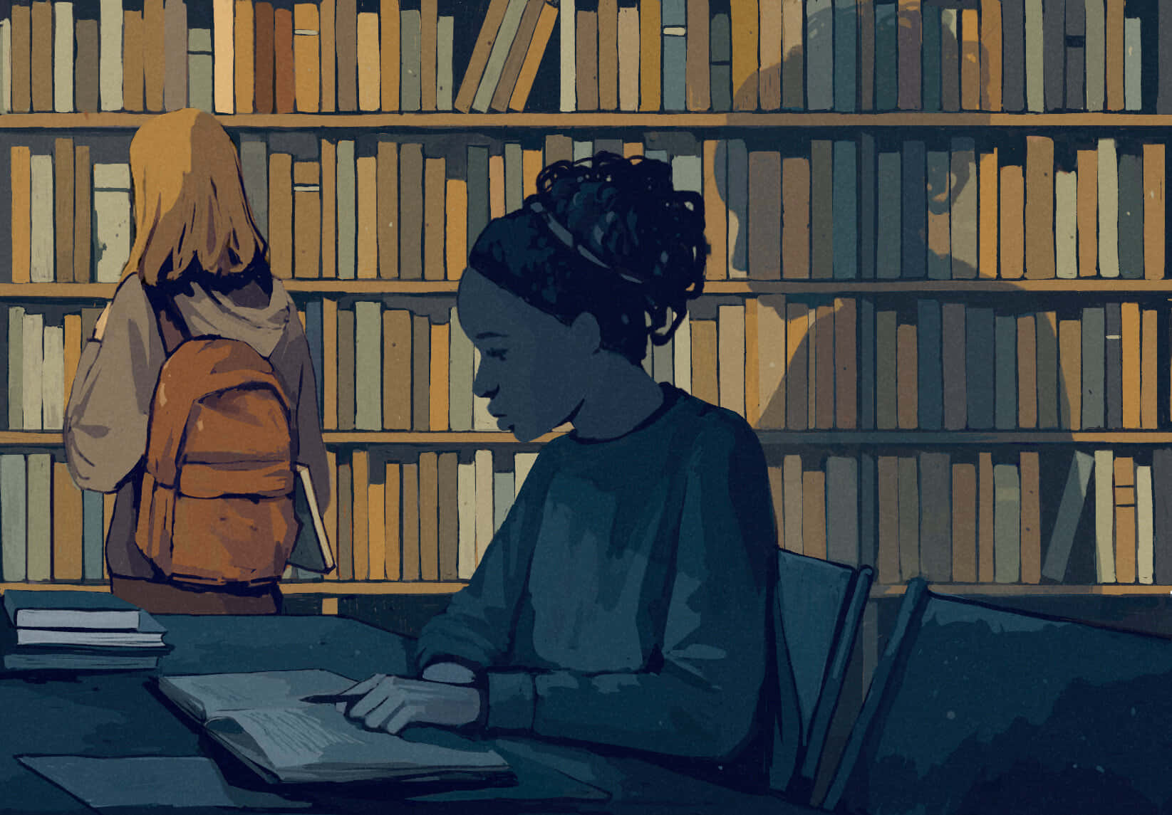 o femeie stă la o masă în fața unei biblioteci Fundal