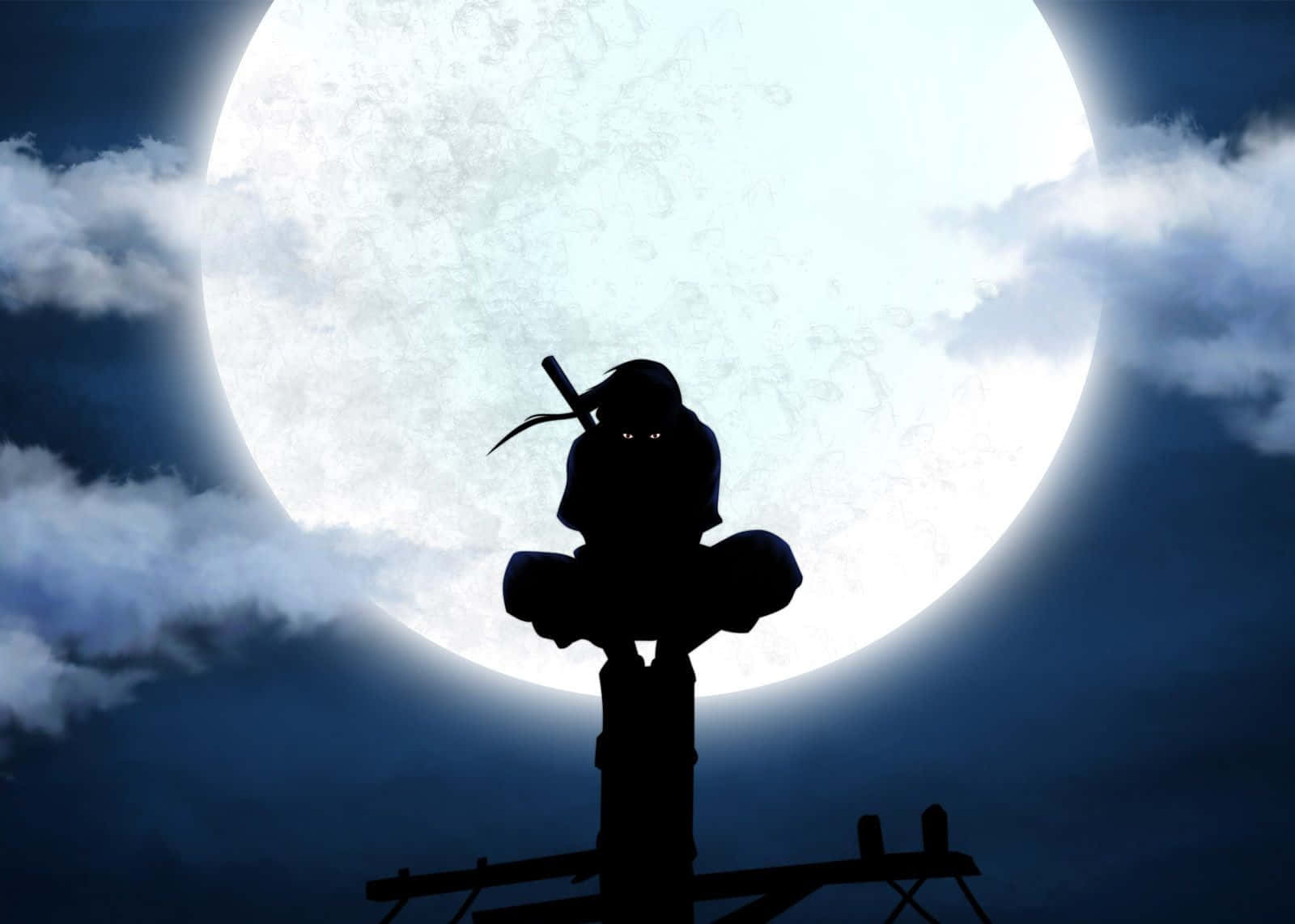 O figură puternică și misterioasă, Uchiha Itachi stă în lumina lunii. Fundal