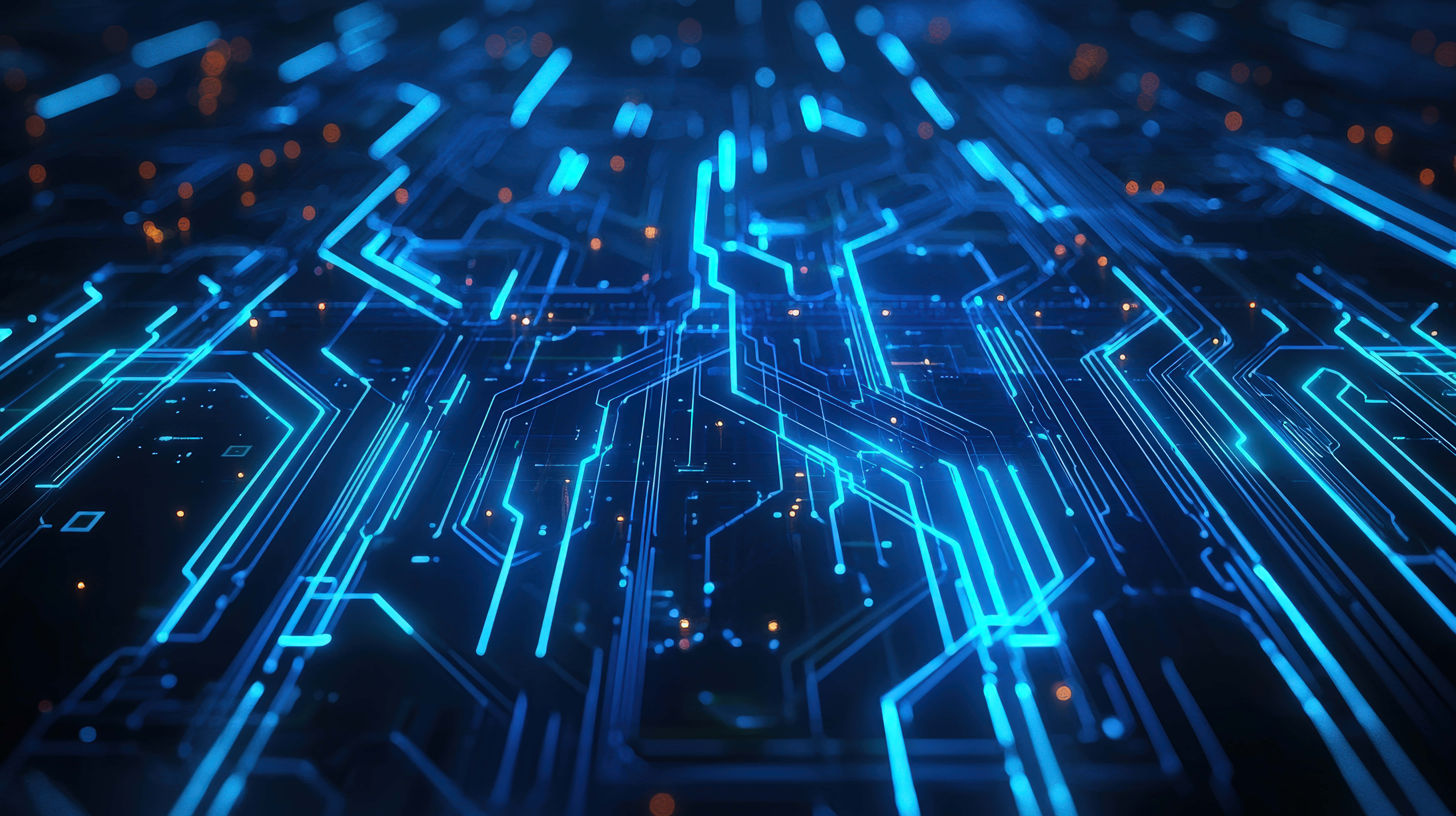 O imagine de aproape a unei plăci de circuit digitale avansate, cu linii albastre strălucitoare, simbolizând tehnologia și inteligența artificială Fundal