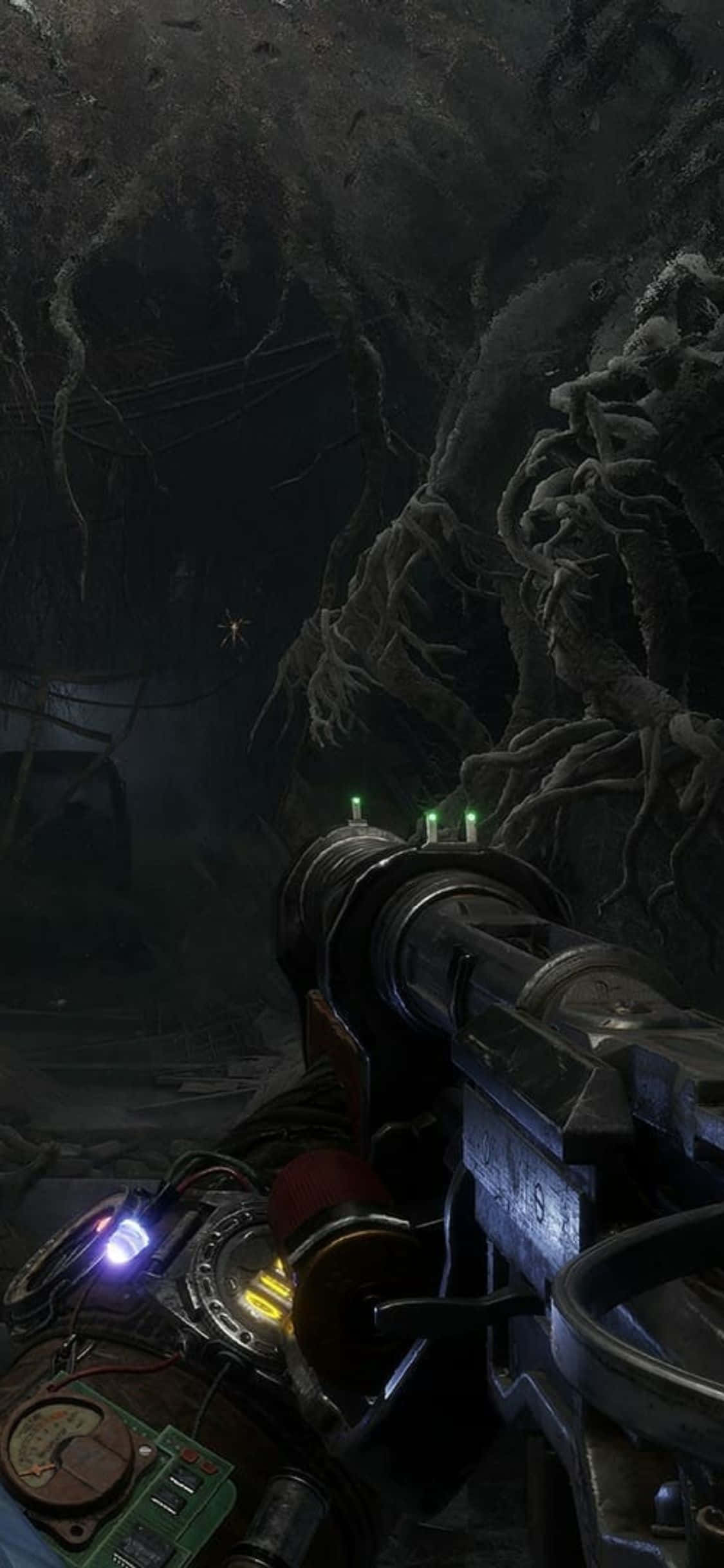O perspectivă la prima persoană a lumii post-apocaliptice a Metro Exodus, văzută prin obiectivul unui iPhone X. Fundal