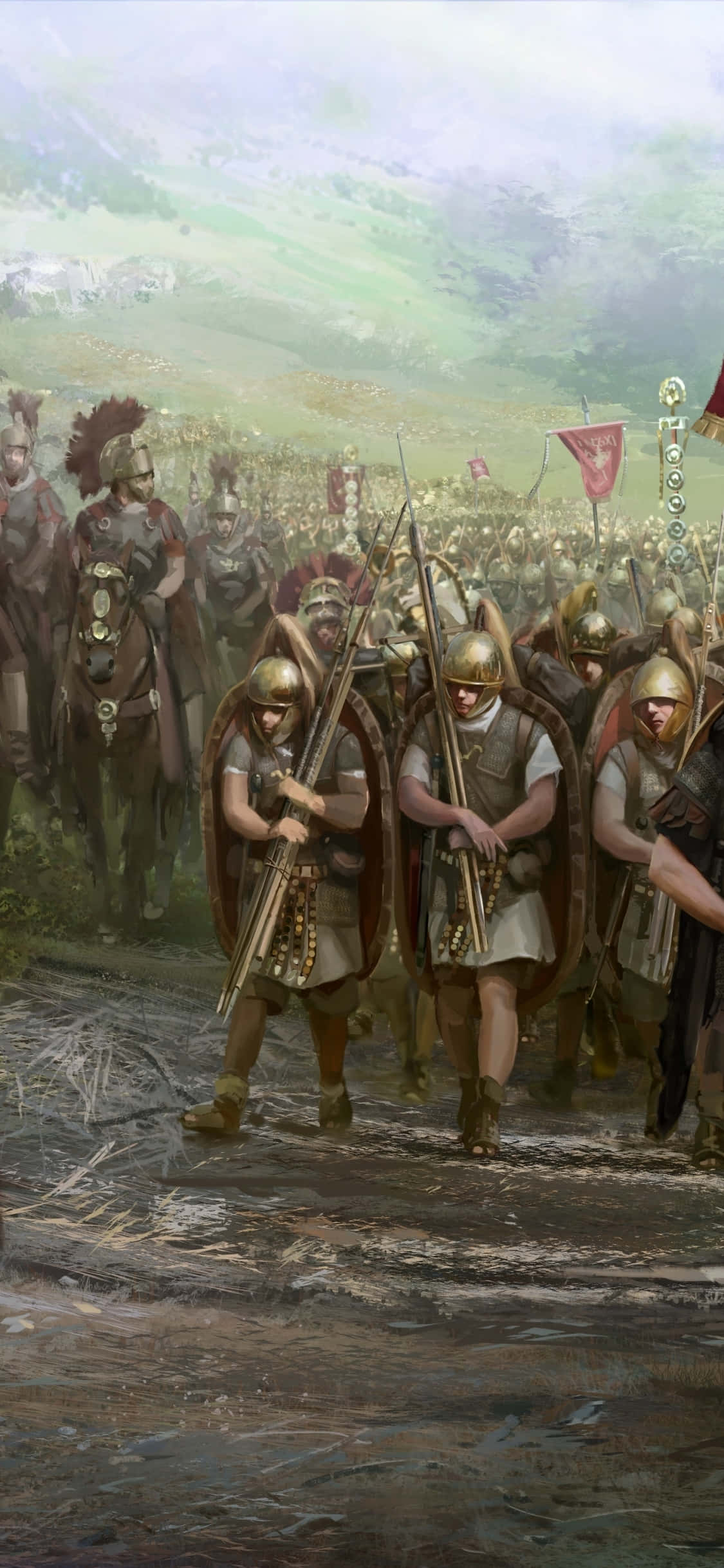 o pictură cu soldați romani marșând prin câmp Fundal