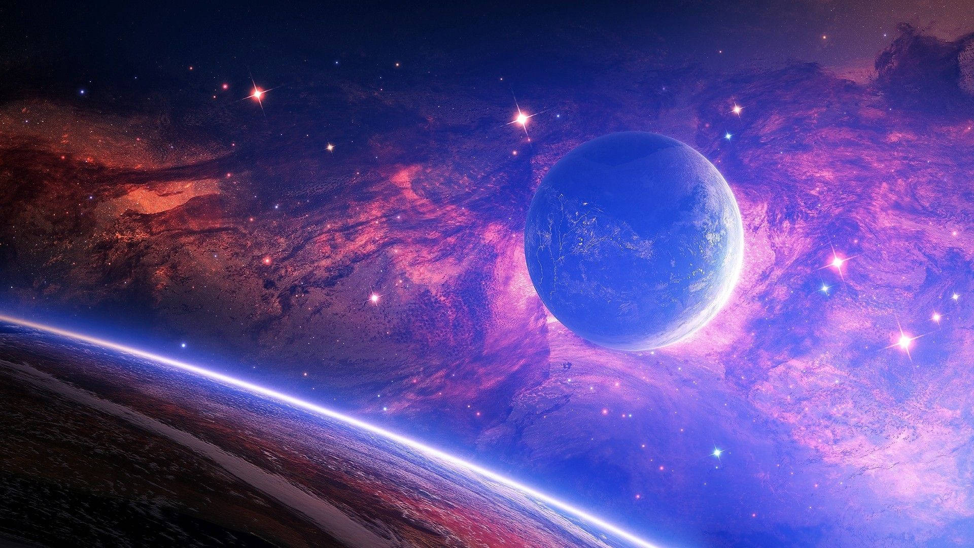 O planetă magică într-un spațiu cosmic colorat Fundal