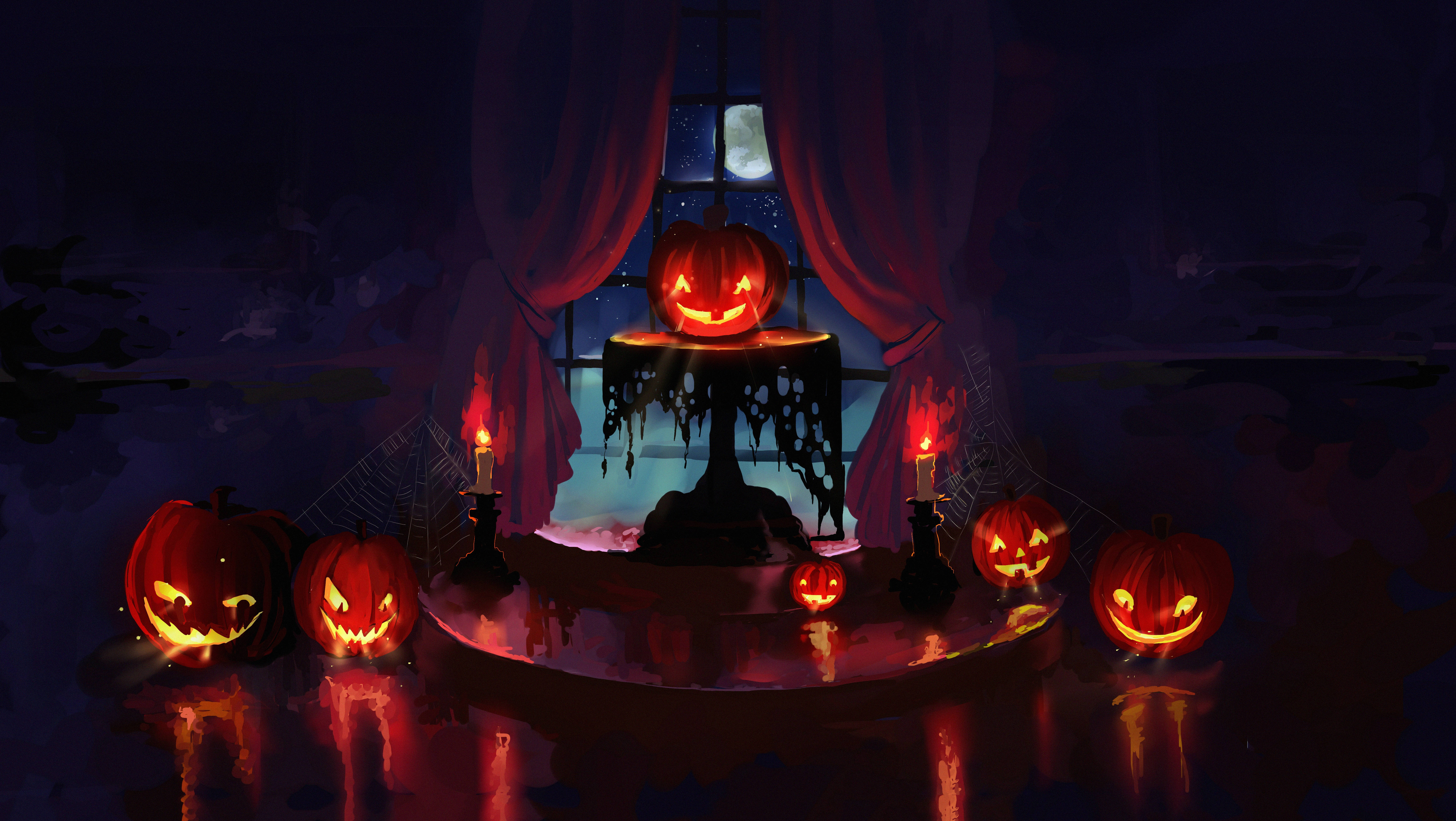 O scenă înfricoșătoare de Halloween cu dovleci și lumânări Fundal