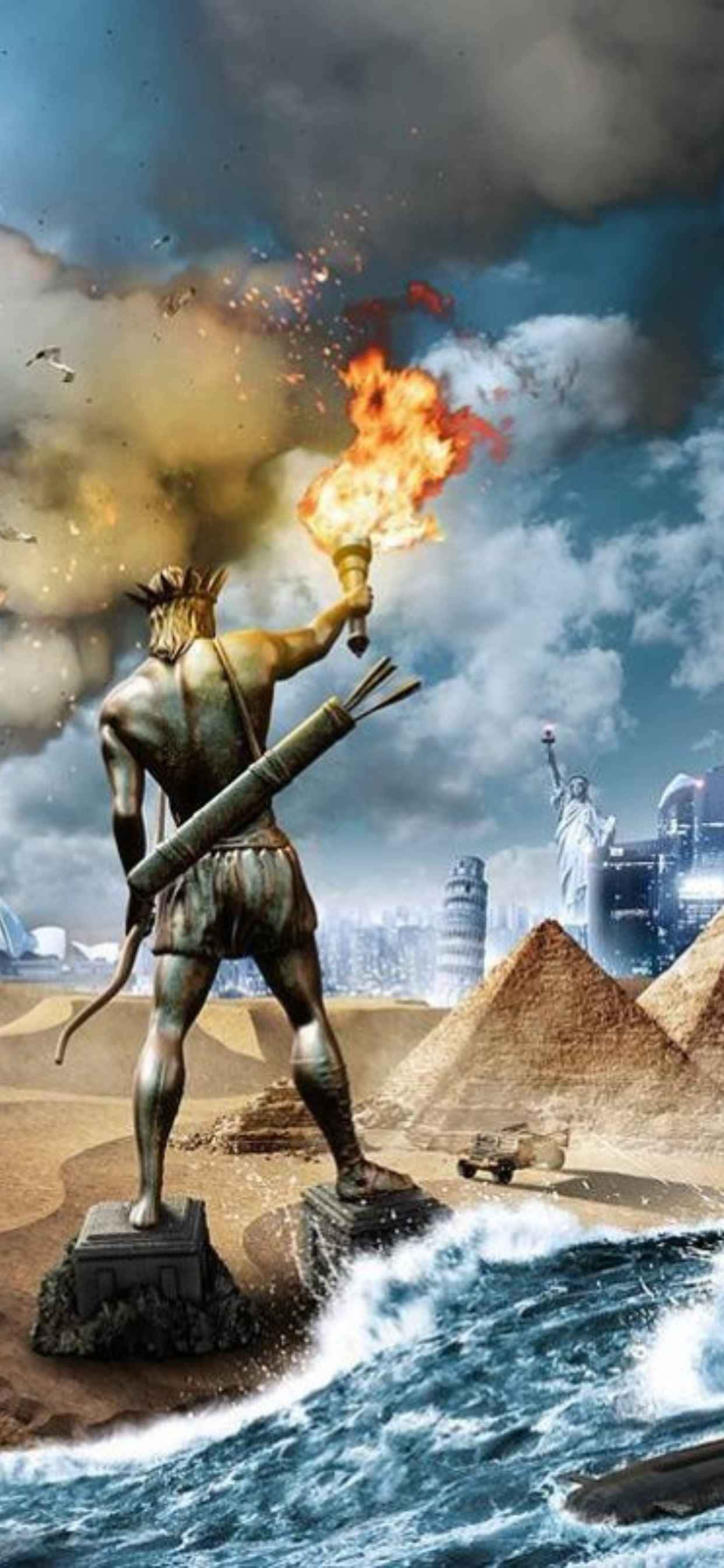 o statuie a unui barbat tinand o torca in desert Fundal