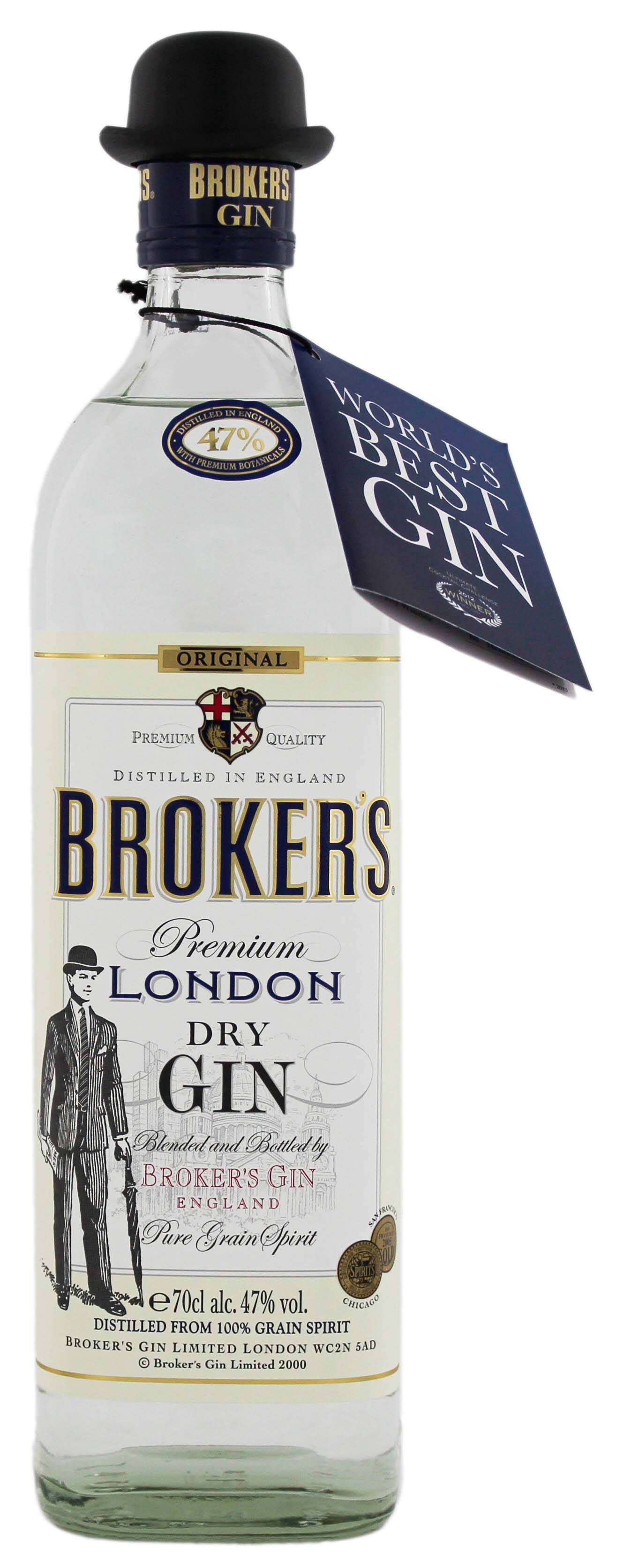 O sticlă de Brokers Gin, cu pălăria bowler caracteristică Fundal
