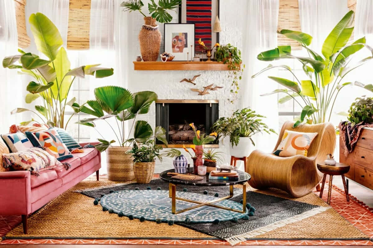 o sufragerie cu multe plante și mobilier Fundal